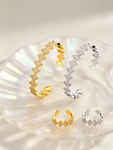 2pcs Vintage Micro Pave Cz Scallop Open Bangle Ring Set, Luxury Fashion Women Jewelry, Beach Vacation & Romantic Anniversary Gift