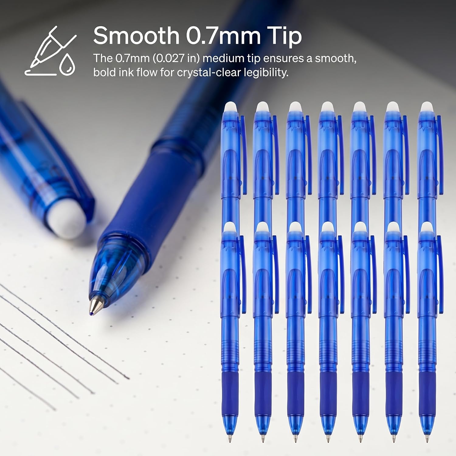 Heat-Erased Rewritable Capped Gel Pens, 12-Pack Blue 0.7mm Fine Point, Smooth-Writing Office Stationery for Drawing, Planner Use