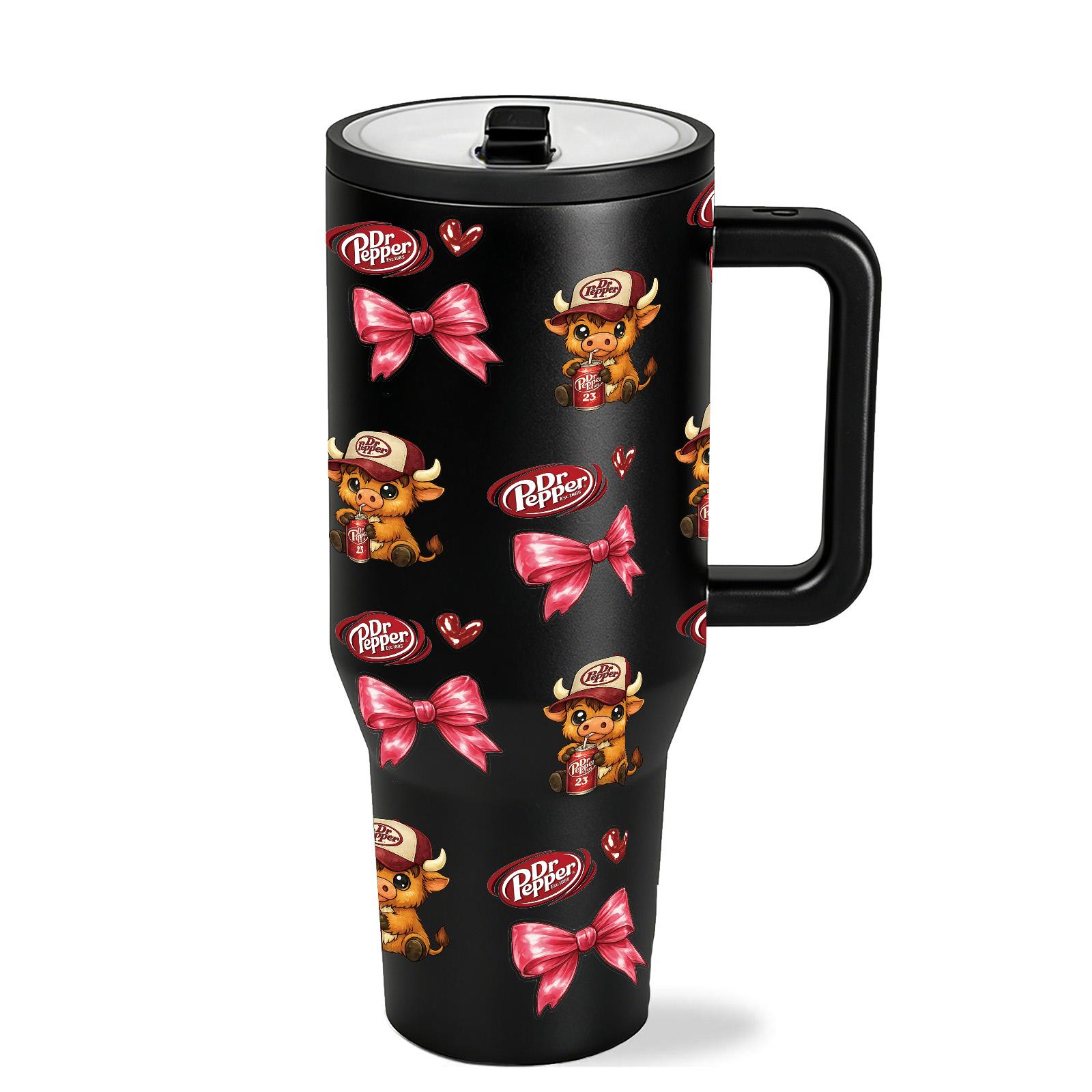40oz insulated mug, Insulated tumbler, Dr Pepper soda print, leopard highland cow cartoon design, thermal mug, double wall vacuum stainless steel, straw lid with handle, leak proof, keeps hot 12 hours cold 24 hours, valentines birthday gift