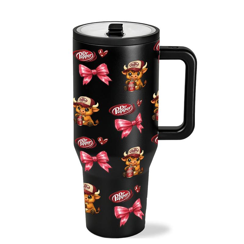 40oz insulated mug Dr Pepper soda print, leopard highland cow cute cartoon design, aesthetic thermal mug, double wall vacuum stainless steel, straw lid with handle, leak proof, keeps hot 12 hours cold 24 hours, valentines birthday daily gift