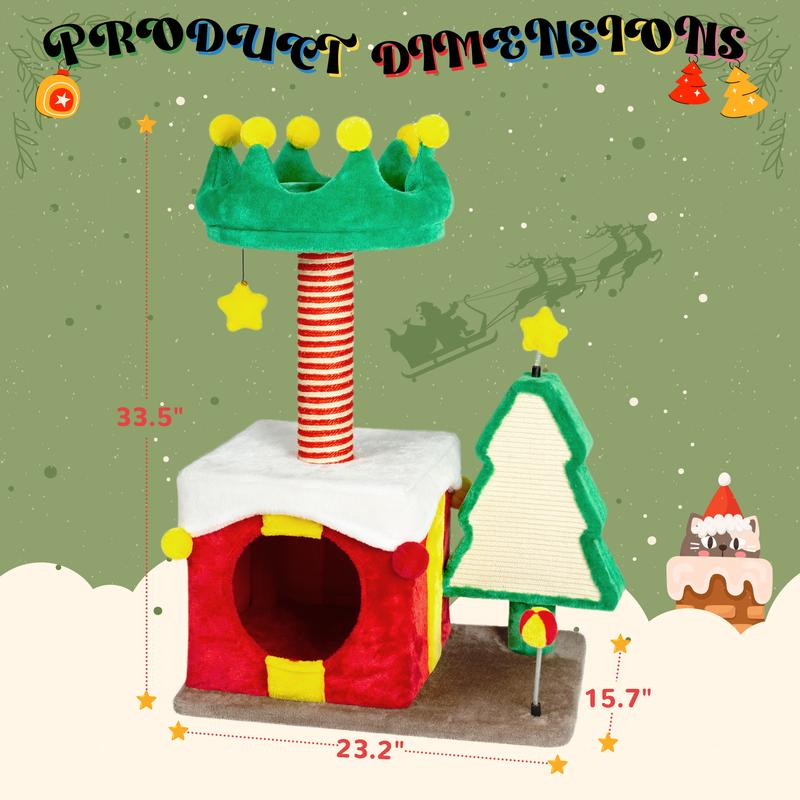 (34”-88.6″ H) Christmas Cat Tree with Cozy Bed, Holiday Cat Tower with Scratching Posts, Plush Cat Playground for Indoor Cats, Red and White