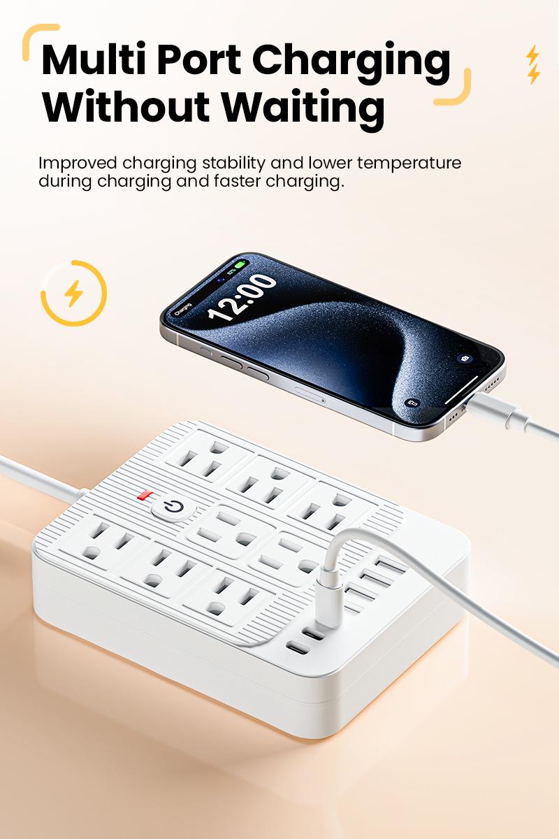 15-in-1 Power Strip with Switch & Surge ProtectionMultifunctional surge protector with 8AC Outlets 4 USB & 3Type-C USB Ports Socket for Office Home and Travel WallOutlet Extender Power Socket Expander electrica loutlet