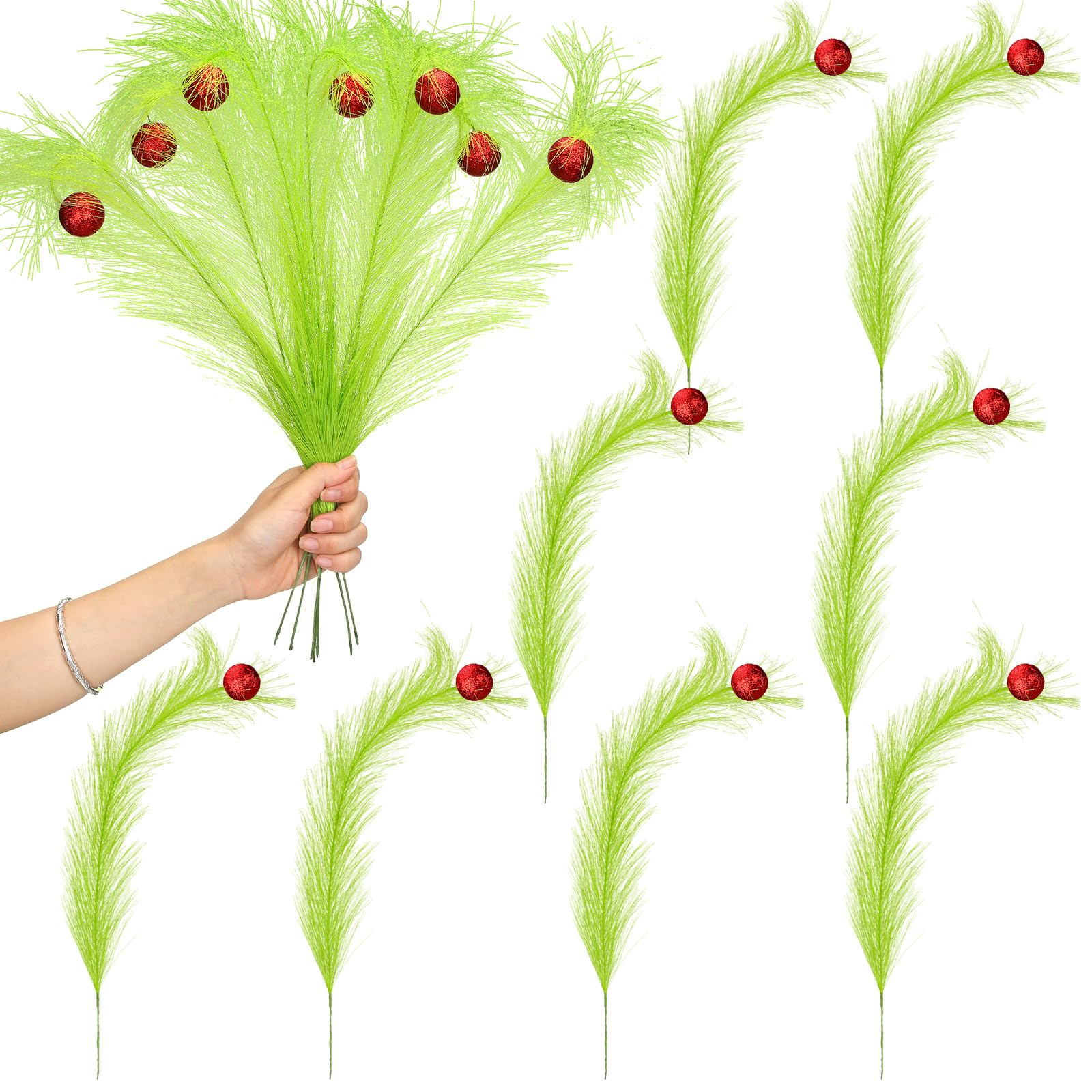 Christmas Clearance Sale Christmas Ornaments Green Furry Picks Fluffy Cuttable Christmas Tree Topper Set Xmas Tree Branch, Faux Pampas Grass Bendable Picks, Curly Artificial Stems with Berry Red Ball Wreath Vase Filler Holiday Home Christmas Decor