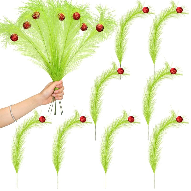 Christmas Clearance Sale Christmas Ornaments Green Furry Picks Fluffy Cuttable Christmas Tree Topper Set Xmas Tree Branch, Faux Pampas Grass Bendable Picks, Curly Artificial Stems with Berry Red Ball Wreath Vase Filler Holiday Home Christmas Decor