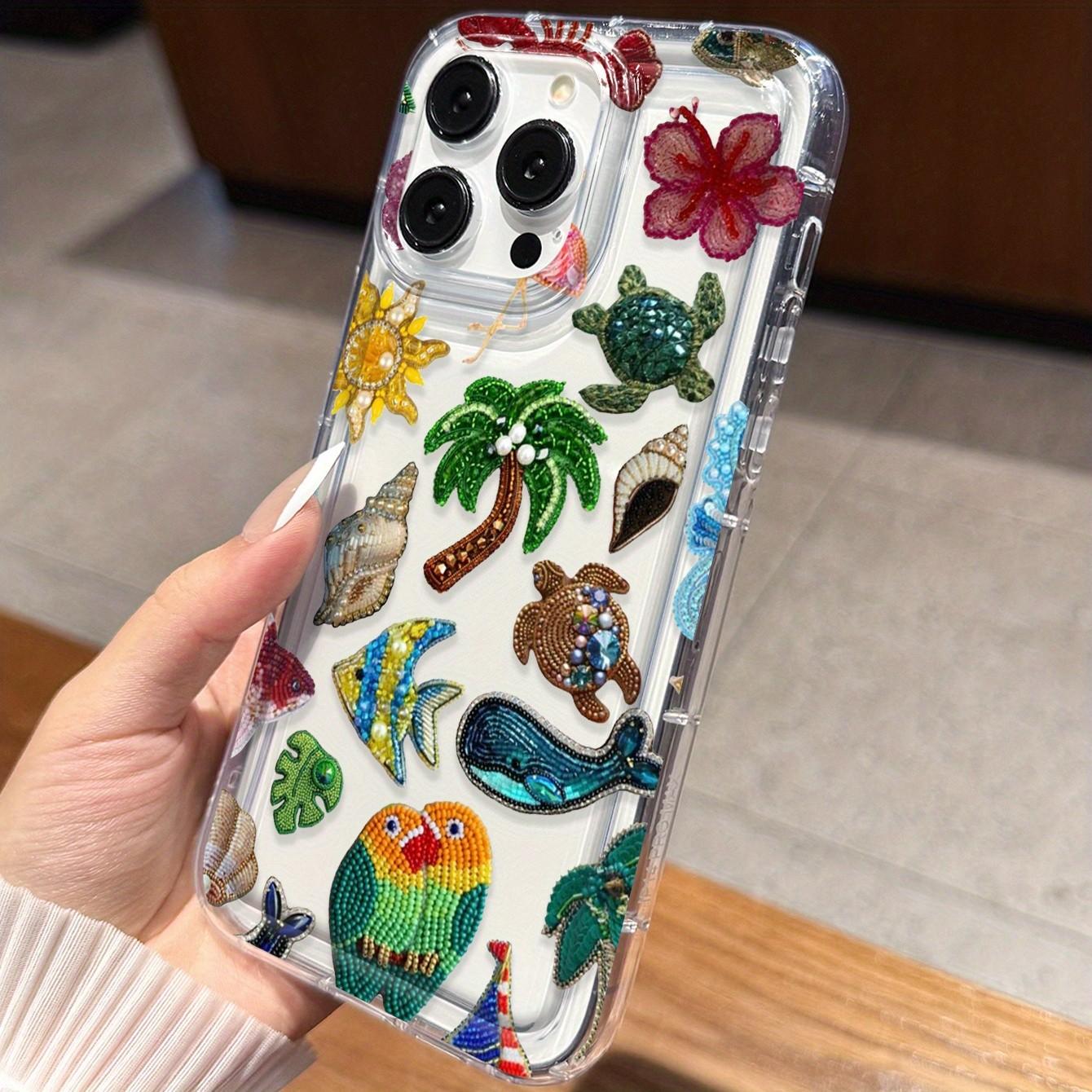 Summer Ocean Style Handmade Beaded Phone Case for iPhone 13-14 Series, Transparent Tpu Anti-Drop Protector, Tropical Bird Whale Parrot Design