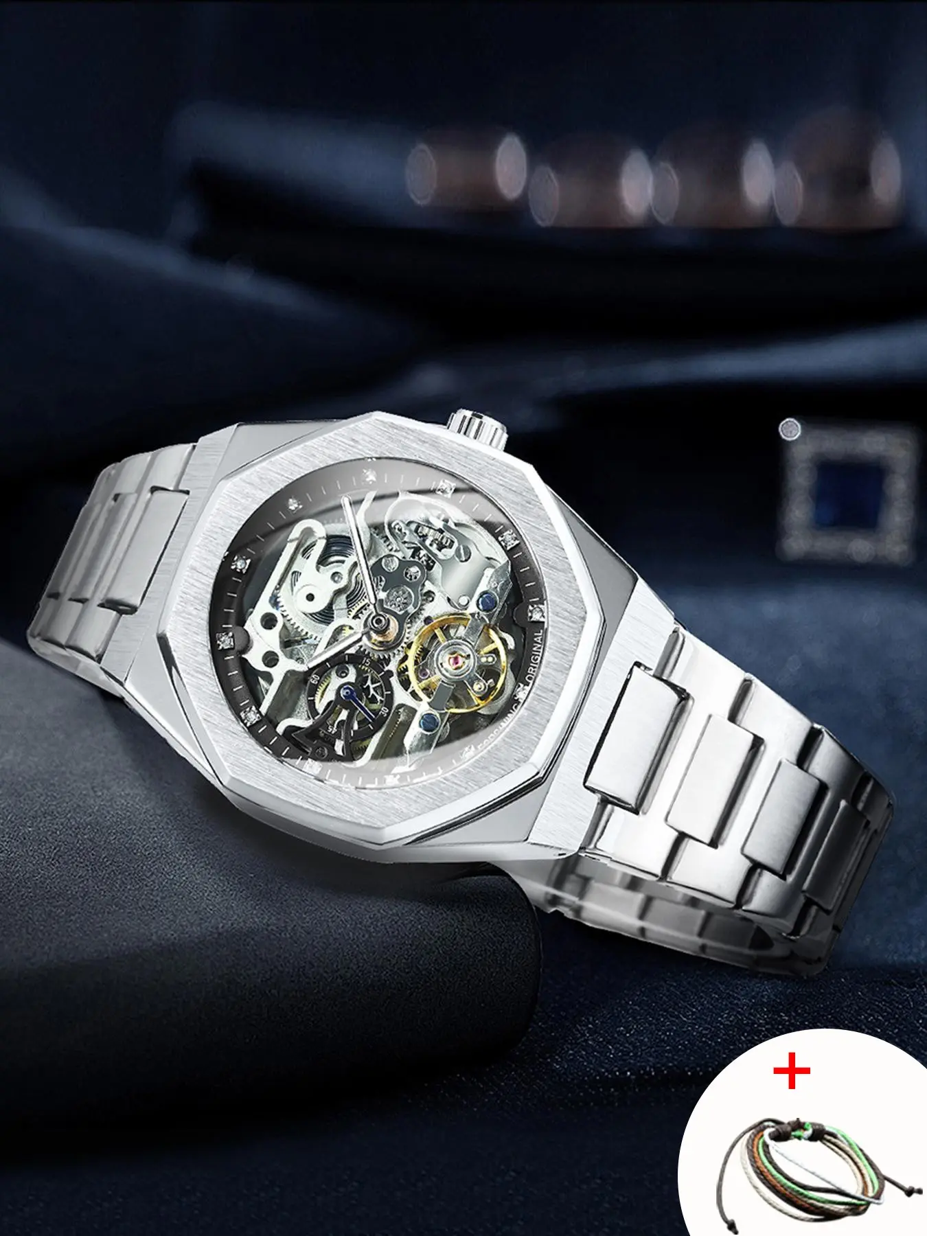 Men's Classic Business Rhinestone Decorated Analog Mechanical Watch, Fashionable Analog Wristwatches for Men, Stylish Watch, Luminous Hands Watch for Party, Daily Clothing Decor, Watch for Birthday Gift with Box, Stainless Steel Wristwatch