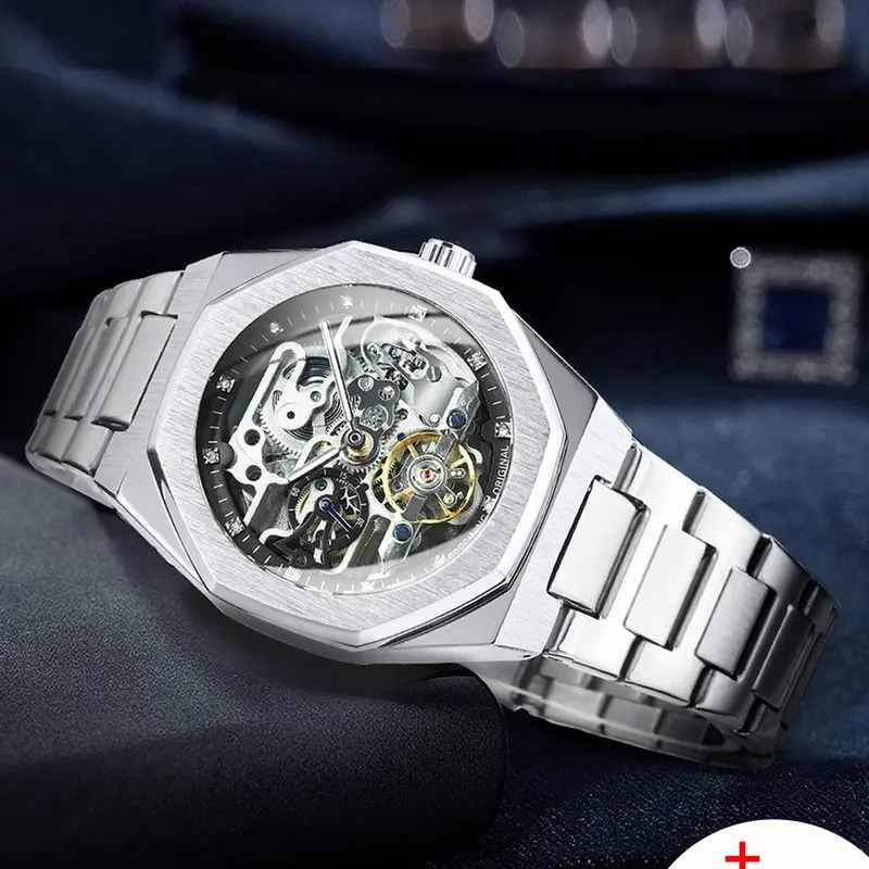 Men's Classic Business Rhinestone Decorated Analog Mechanical Watch, Fashionable Analog Wristwatches for Men, Stylish Watch, Luminous Hands Watch for Party, Daily Clothing Decor, Watch for Birthday Gift with Box, Stainless Steel Wristwatch