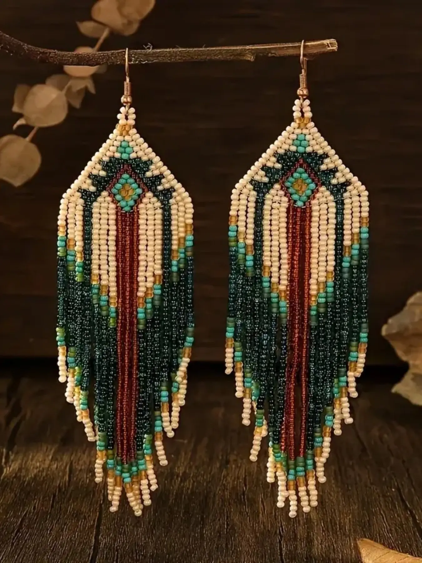 Long Beaded Fringe Earrings, Bohemian Style Statement Dangle Earrings, Rice Bead Ethnic Ear Studs, Women's Valentine Gift