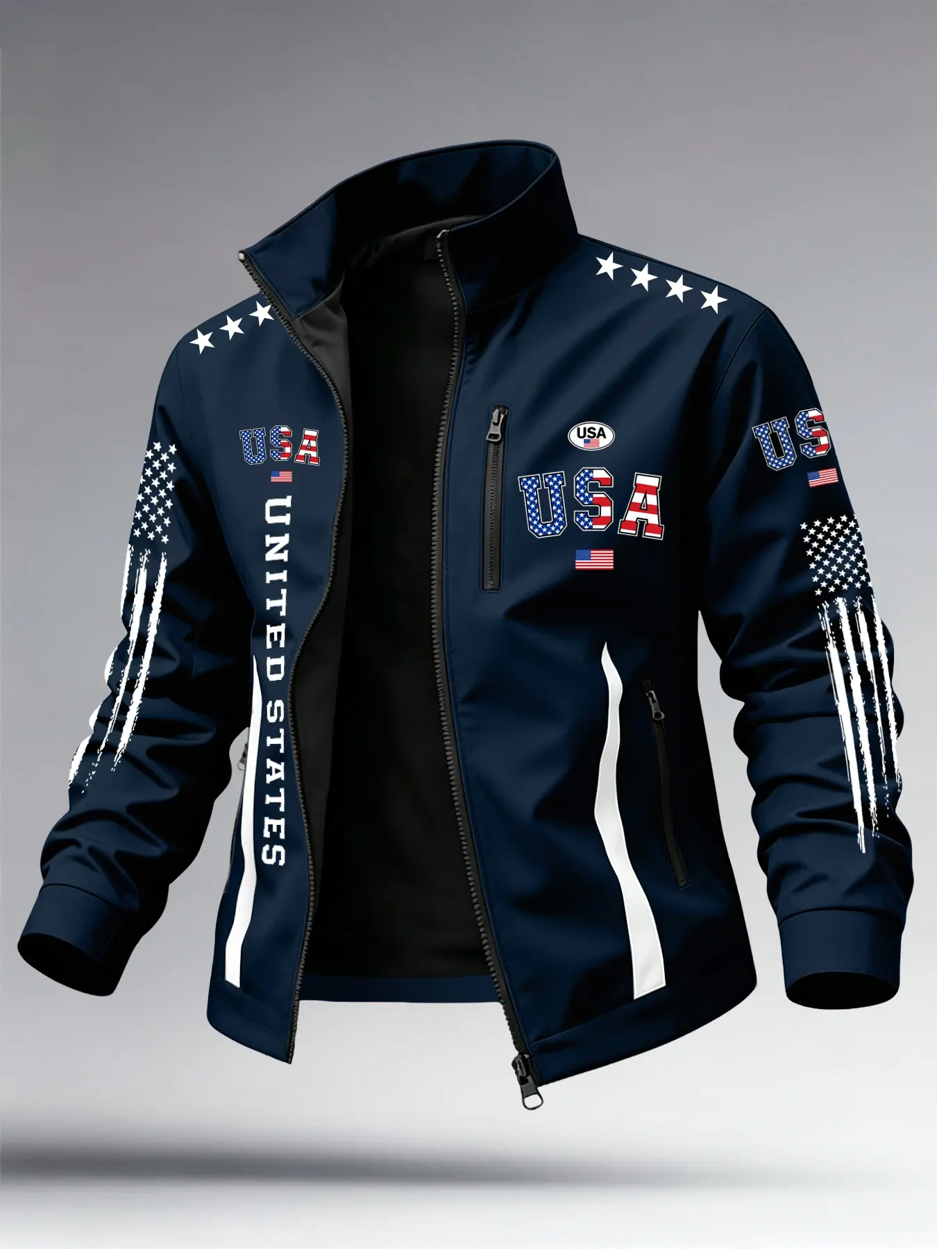 Men's Usa Flag Print Lapel Jacket, Wind-Resistant Zipper Pockets, Long Sleeve Sporty Outerwear, All Seasons H-Type Fit