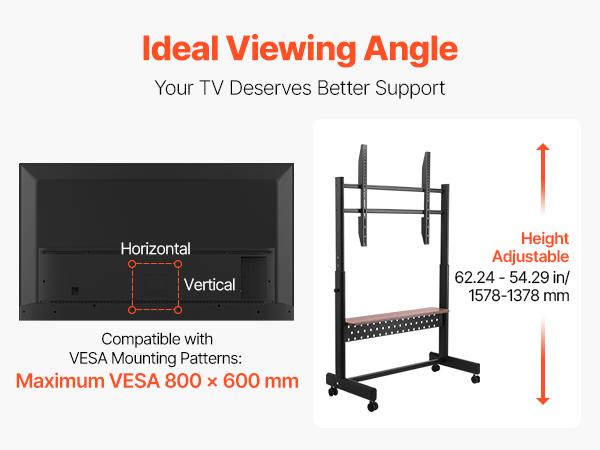 VEVOR Rolling TV Stand, Mobile TV Cart for 55-100 Inch Screens, Height Adjustable Portable Monitor Stand with Tray, Holds up to 205 lbs for Living Room, Bedroom, Office, Outdoor Max VESA 800x 600 mm