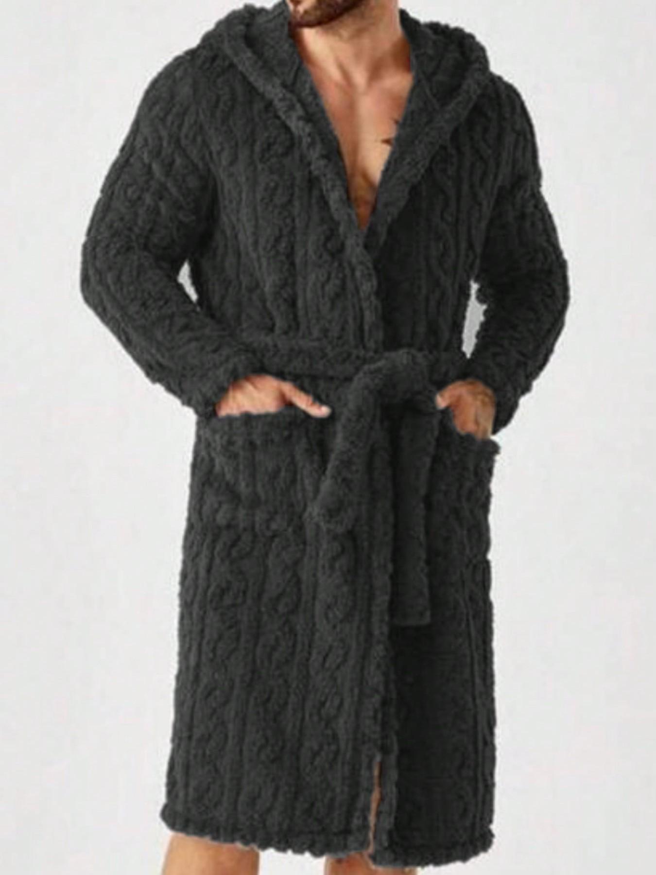 Men's Textured Pocket Belted Hooded Bathrobe, Loungewear, Casual Style, Comfortable and Stylish, Perfect for Relaxing at Home