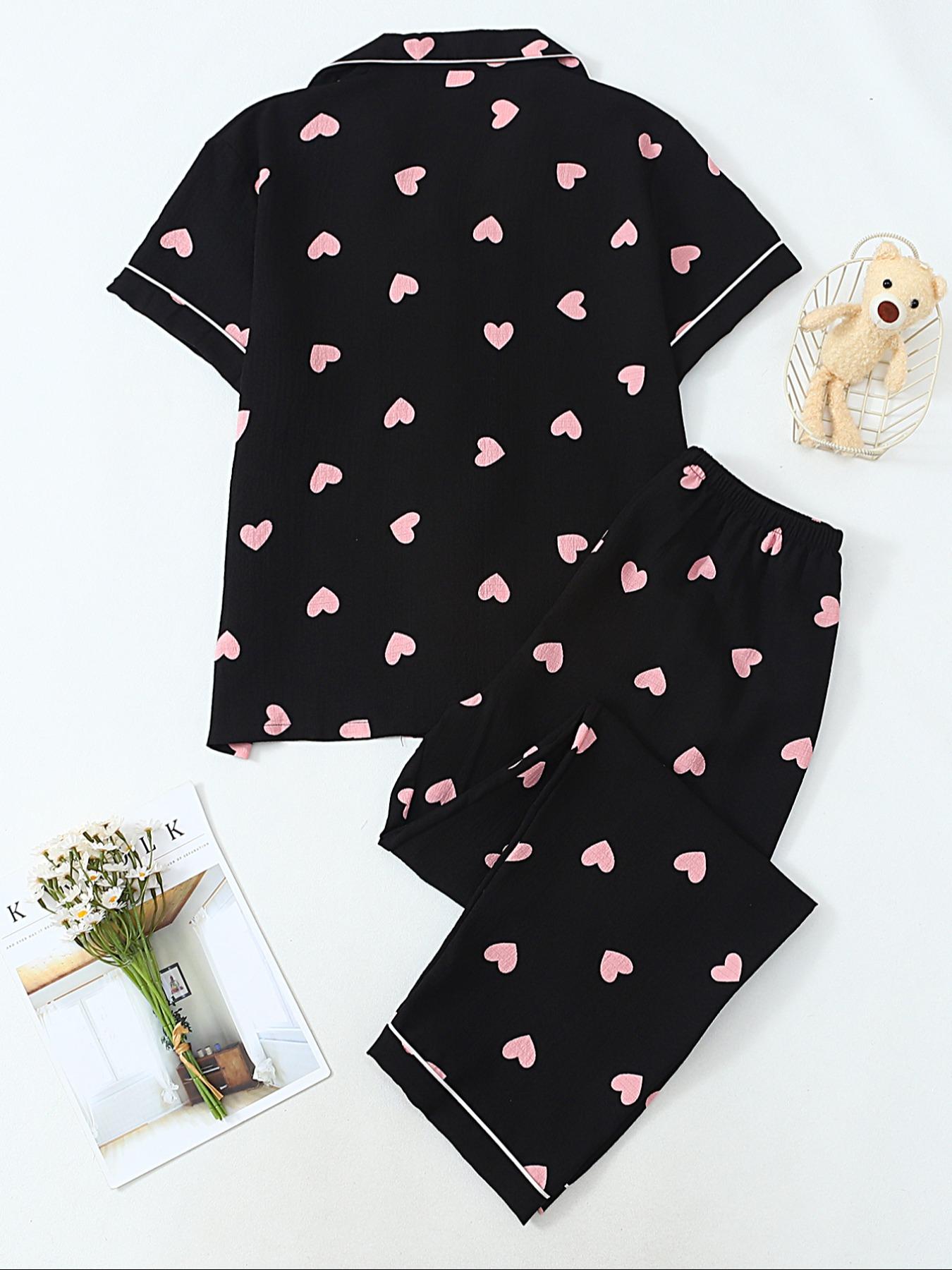 Women's Two-Piece Pajama Set, Fitted Casual Comfortable Woven Lapel Pocket Heart Shirt Short Sleeve + Elastic Waist Home Pants, All-Season Sleepwear Loungewear