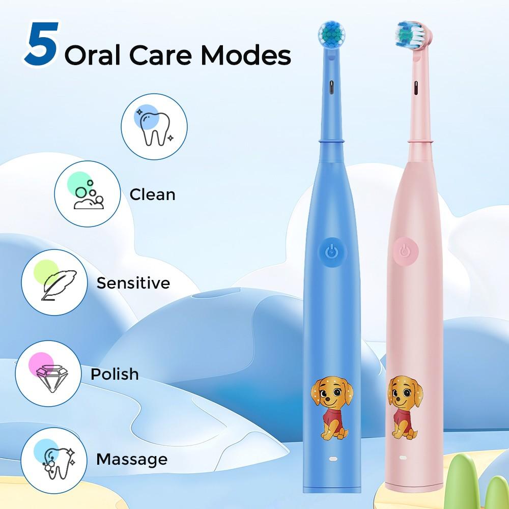Rotating Childrens Electric Toothbrush, Rechargeable Toothbrush, 5 Speed Settings, Cartoon Kids Teeth Cleaning Brush with 4 Replacement Heads
