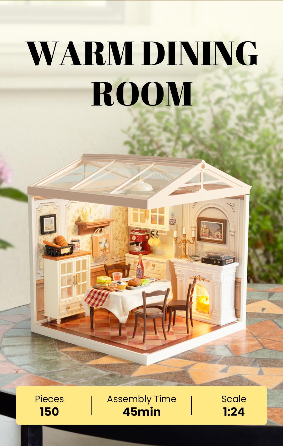 Rolife Warm Dining Room Plastic DIY Miniature House DW015B with LED Lights Plastic Craft Kit & Fun Decorative Ornament