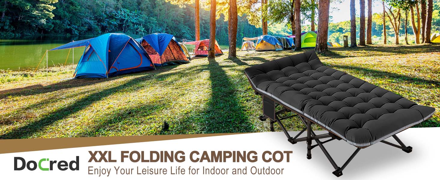 DoCred Oversized XXL Folding Camping Cot with Comfortable Mattress Cots for Sleeping with Pad Heavy Duty Camping Bed Sleeping Cot Include Carry Bag Camping Cots for Adults Home Office Nap Vocation Outdoor