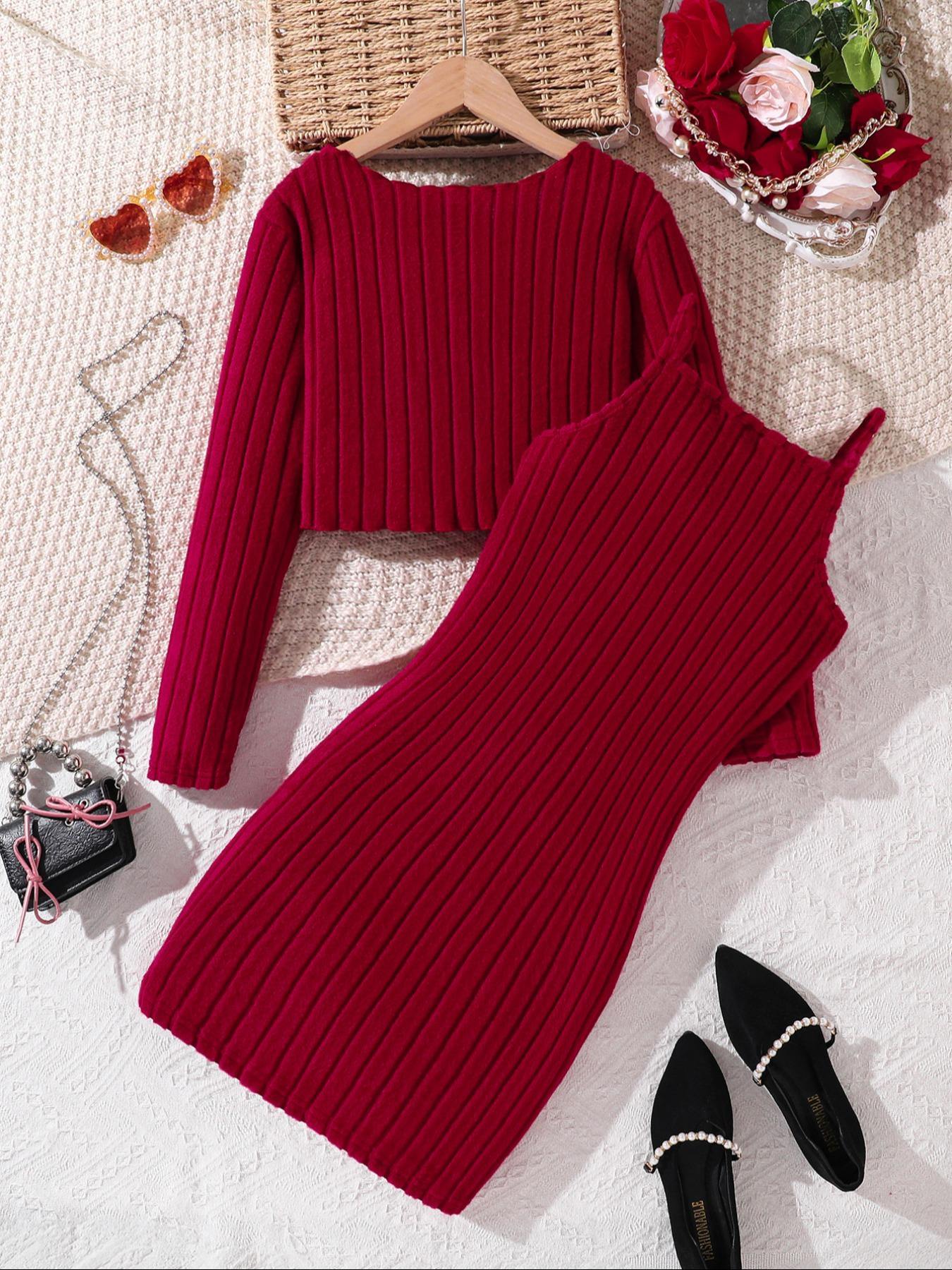 Christmas Girl Pearl Embellished Knit Bow Design Long Sleeve Short Top with Slim Fit Dress Fashion Comfort Set
