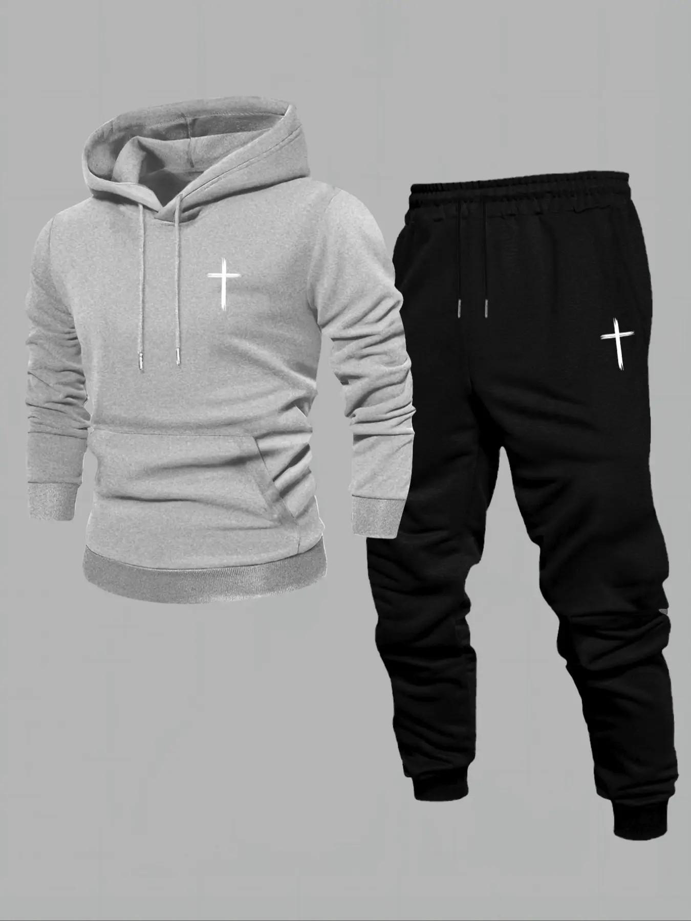 TikTok Trending Christian Streetwear Set, Black Long Fitted Hoodie & Pants with Cross Graphic Print, Perfect for Black Friday & Cyber Monday Deals, Ideal for Faith - Based Outfits During TikTok Shop Black Friday Sales and Christmas Gift Ideas