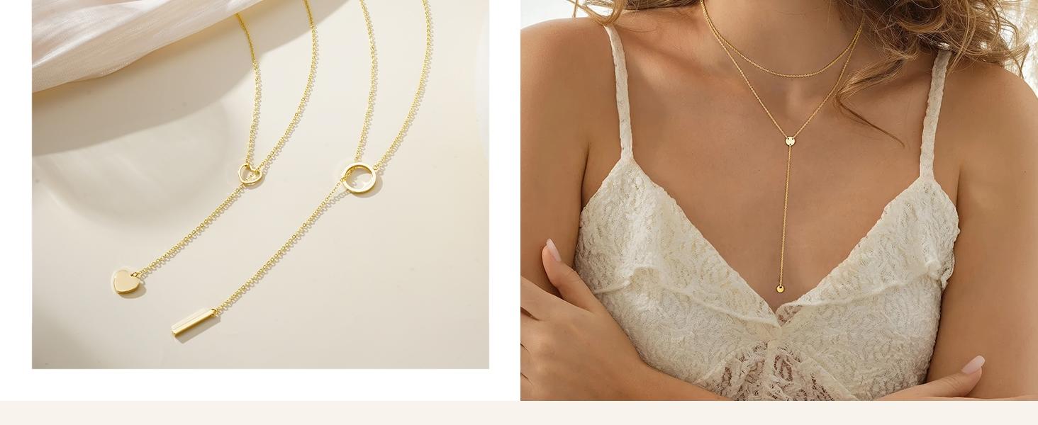 Women's Long 14k Gold Plated Necklace, Elegant Y-Shape Zipper Design, Simple Jewelry Trendy Gift for Women, All Seasons