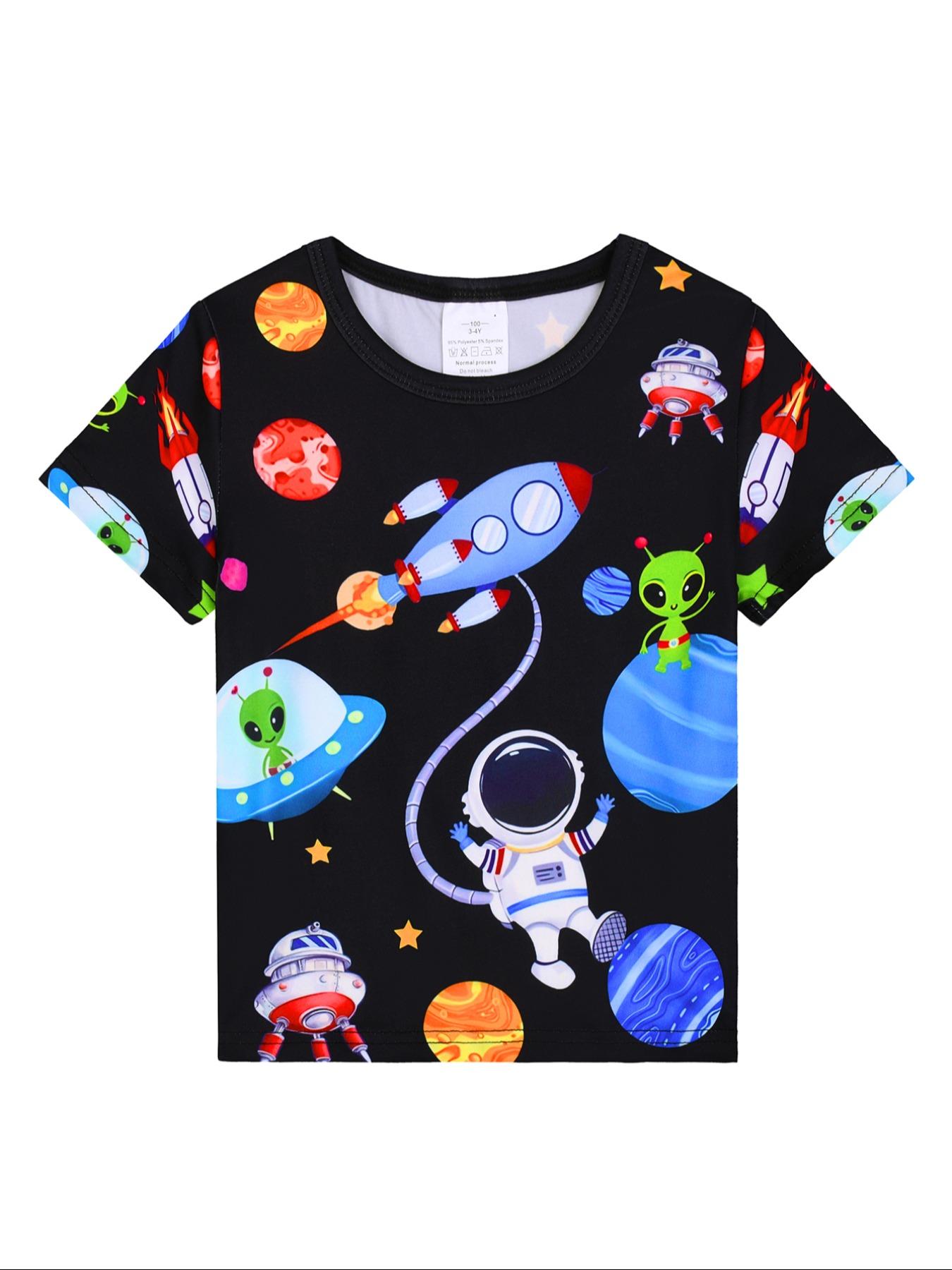 Boys Round Neck Short Sleeve Shorts Digital Print Space Planet Alien Fashion Casual Comfortable Fitted Home Sleepwear Set