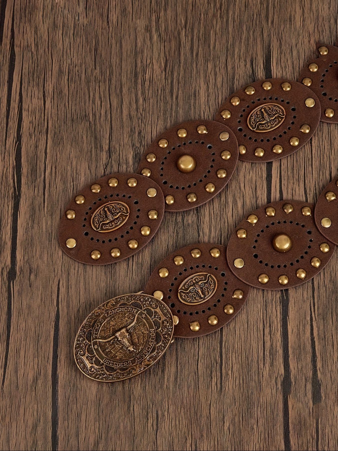 Women's Western Cowboy Style Wide Belt, PU Leather Patchwork, Antique Copper Rivets, Bohemian Carved Bull Head Buckle, Cowboy Cowgirl Belt