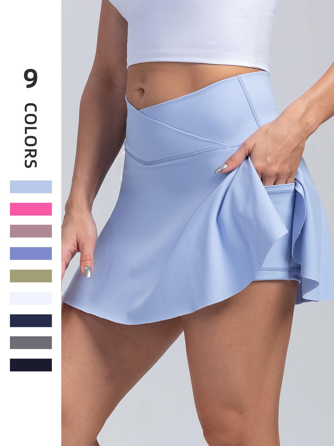 Women's High-Waisted Cross-Belt Sports Skirt, Waist Cinching with Pockets, Anti-Exposure Tennis Skirt, Breathable Yoga Shorts Skirt