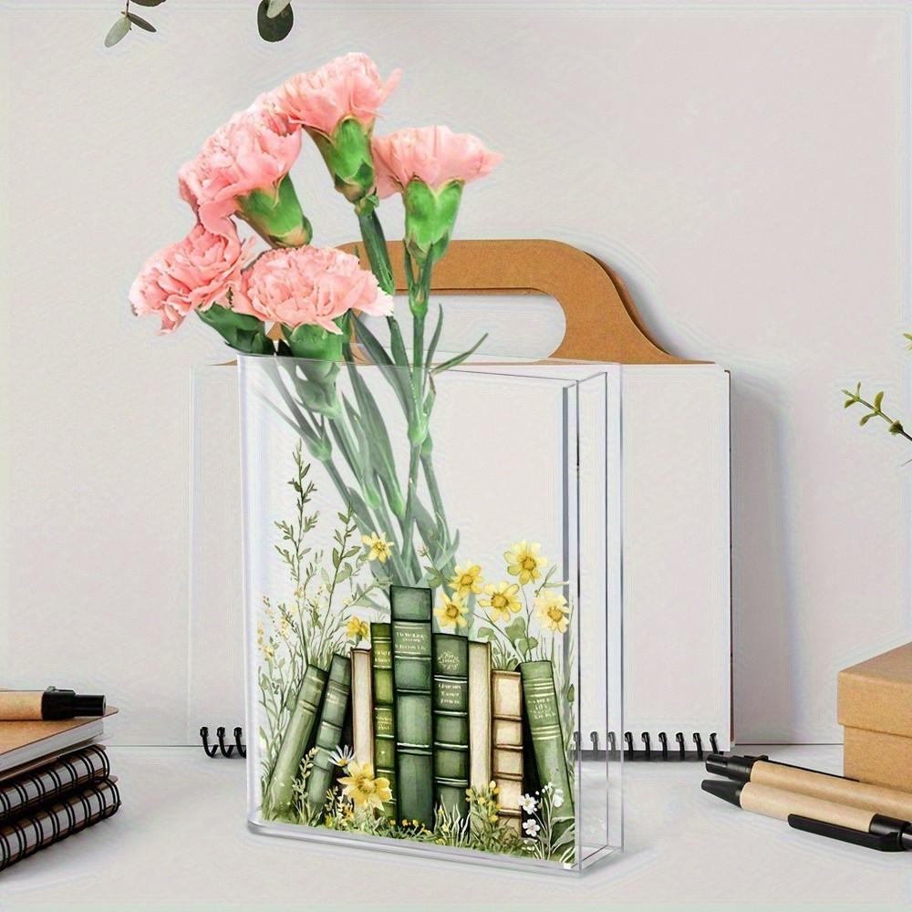 Acrylic Book-Shaped Vase, Transparent Material, Hand-Drawn Shelf Design, Elegant Home Decor, Perfect for Teacher's Day, Birthday, Christmas