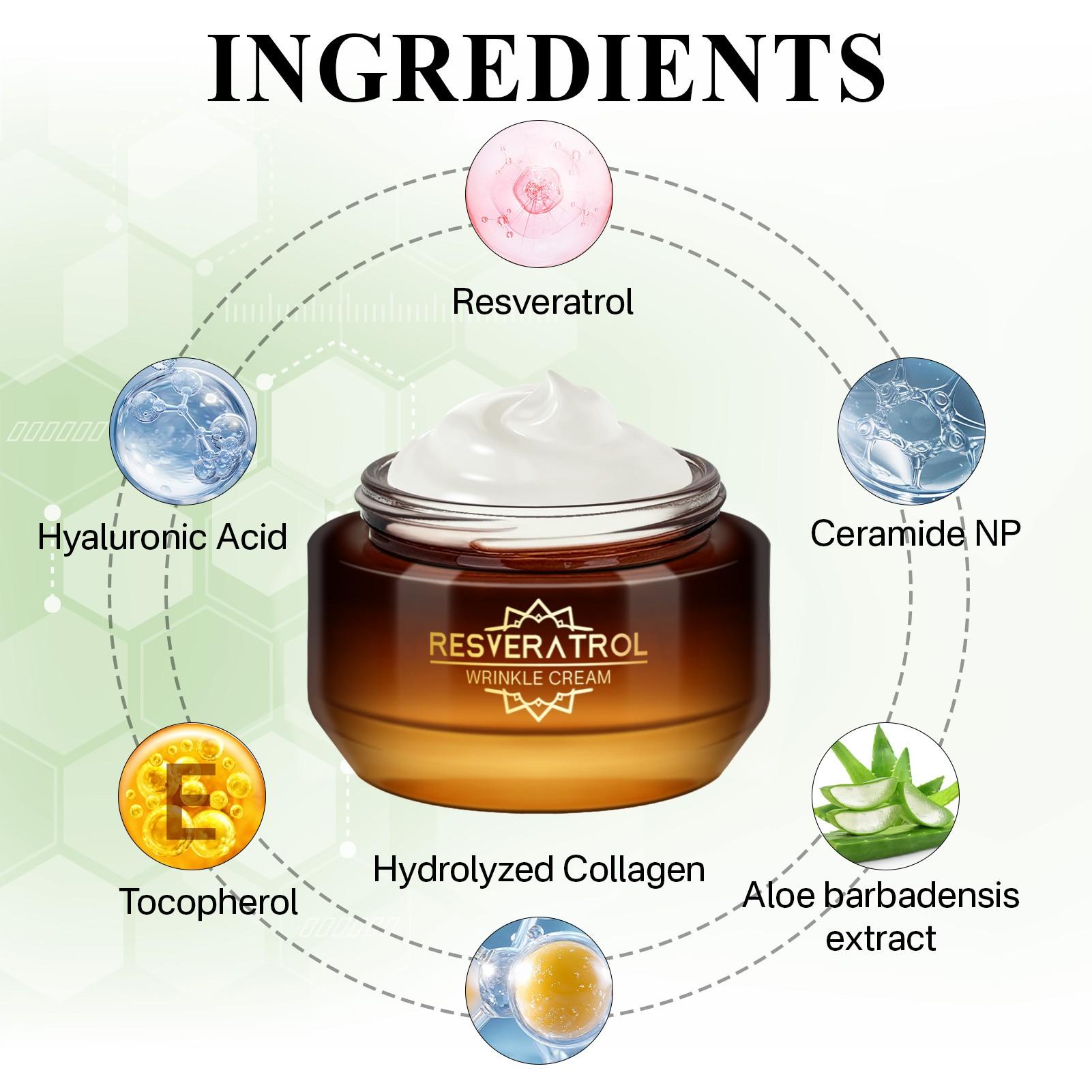 Resveratrol Cream 50g, Day Night Moisturizer with Vitamin E and Hyaluronic Acid, Nourishes Sensitive Skin, Suitable for All Types