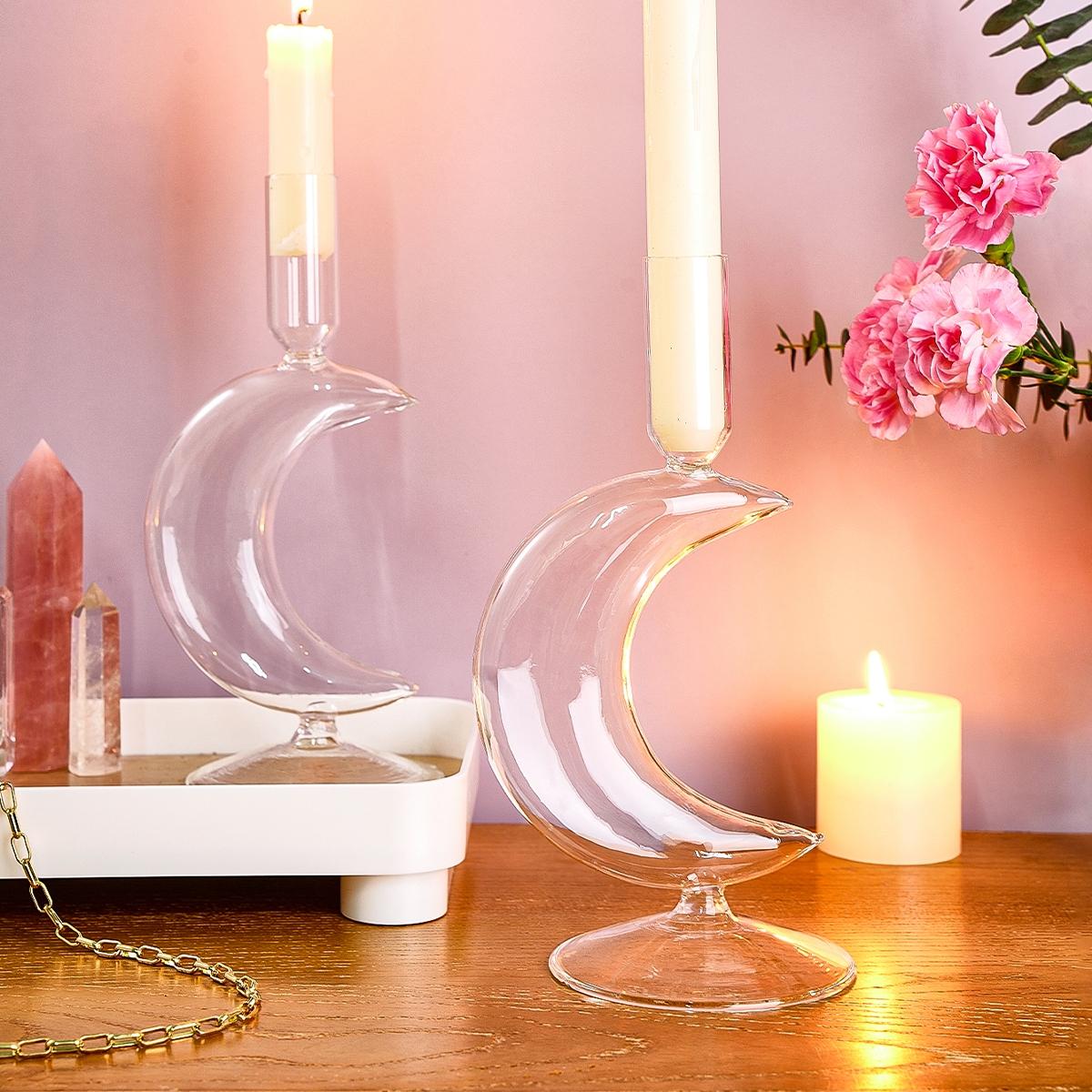 Creative Simple Crescent Moon Shape Transparent Glass Candle Holder, 8.3x4.4 Inch Warm Dinner Long Stick Candle Stand, Home Decor, Decoration Items