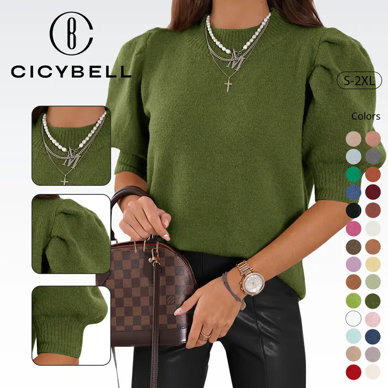 Cicy Bell Women's Puff Short Sleeve Sweater Tops 2025 holiday outfit Trendy Knit Crew Neck Casual T Shirts Blouses Knitted Womenswear Knitwear
