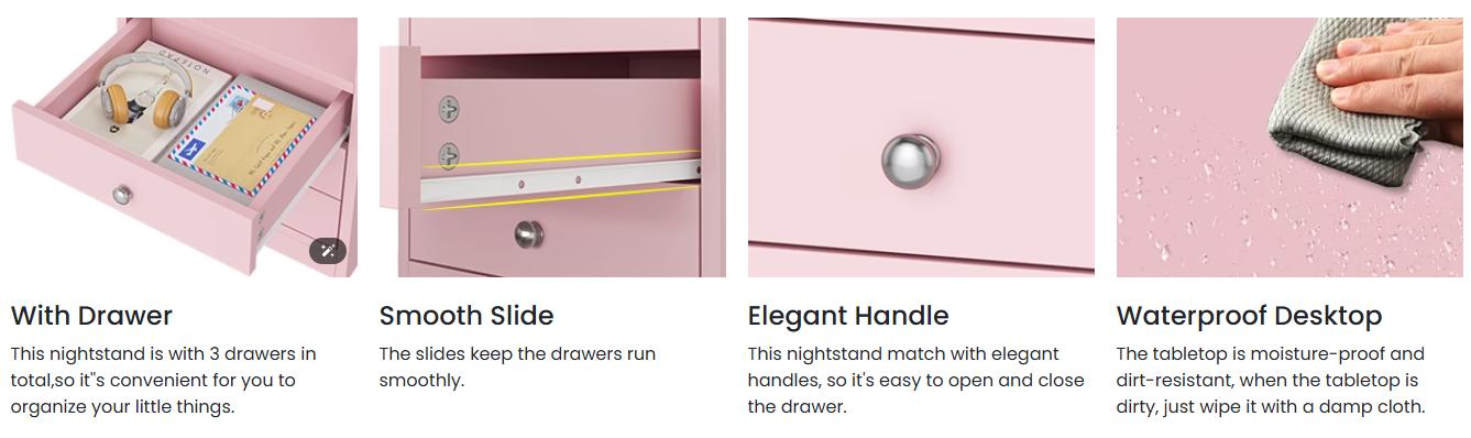 Sikaic Nightstand with Charging Station Storage Drawers Pink Bedroom Table Modern Dressing Table Bedside Cabinet