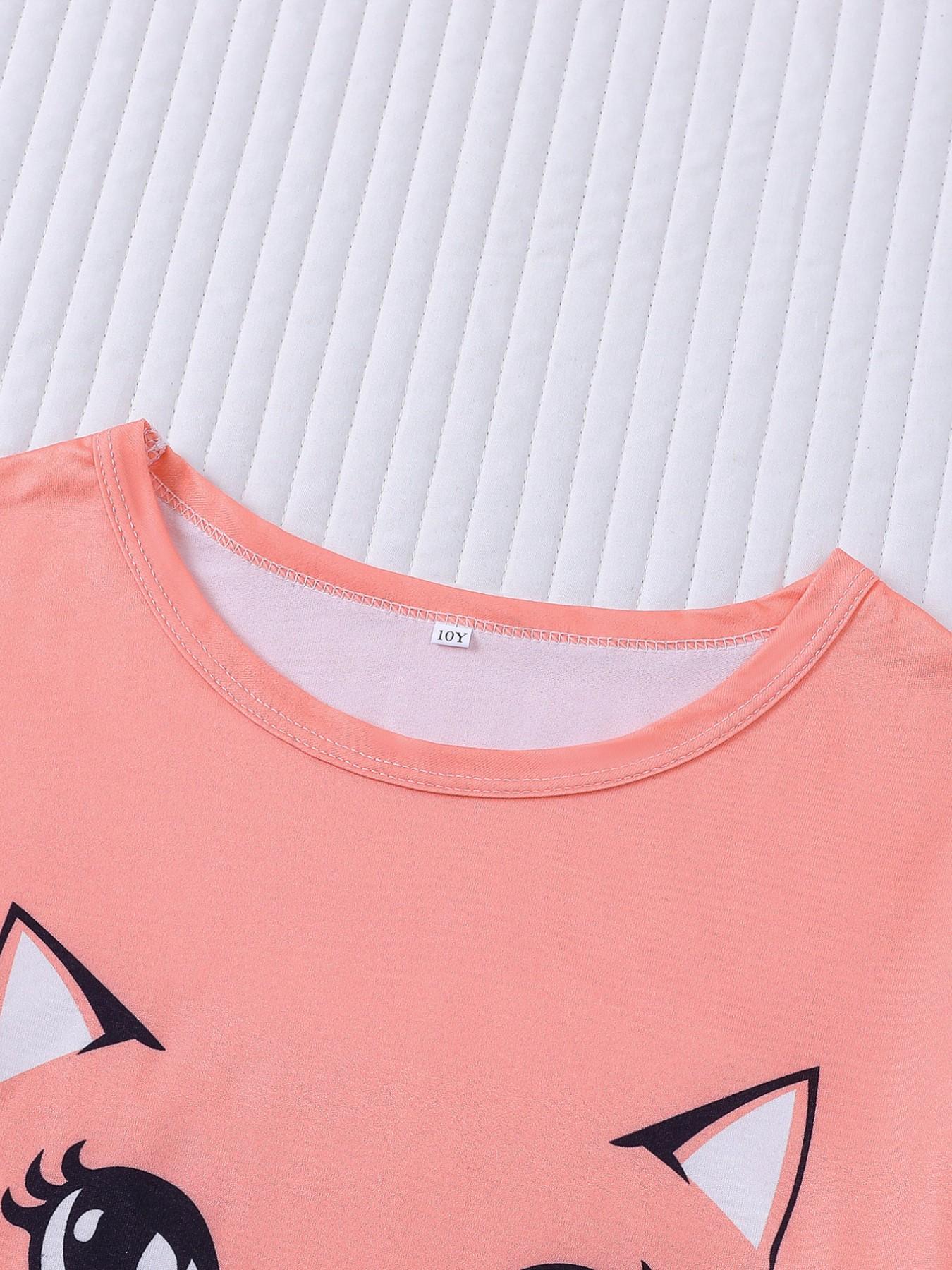 Cartoon Cat Theme Sleepwear Set, Summer Fire Retardant Fabric, Cute Short Sleeve Pajamas, Cartoon Print Pajama, Casual Home Wear, Kids Gift Set
