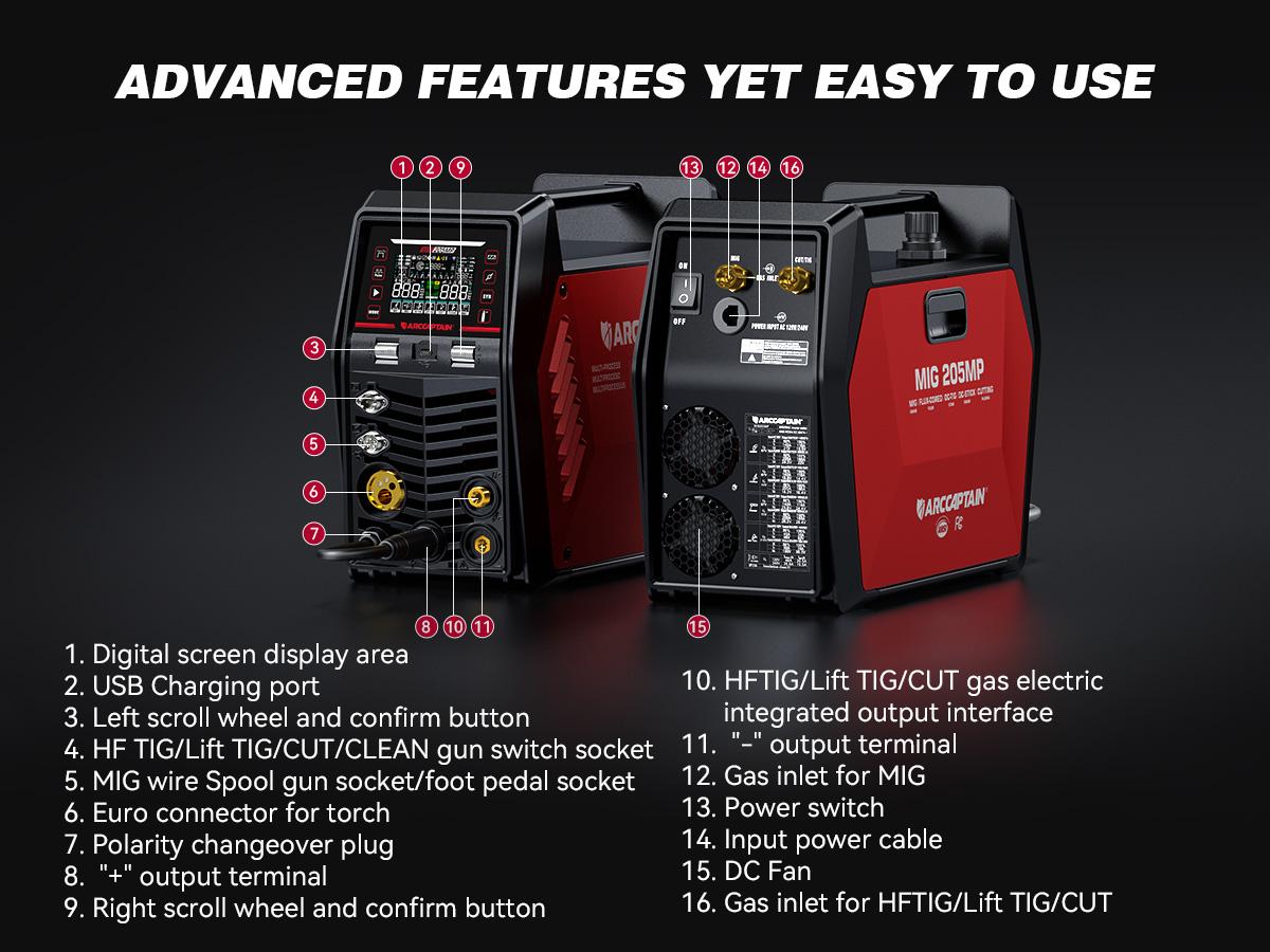 ARCCAPTAIN MIG205MP MIG Welder, All-in-One iControl APP Control Plasma Cutter/Pulsed MIG/Flux Core/Spool Gun/Pulsed HF TIG/Lift TIG/Clean/Stick Aluminum Welding Machine 120/240V Dual Voltage Multiprocess Welders Black Friday, Christmas Gifts for Men/Dad