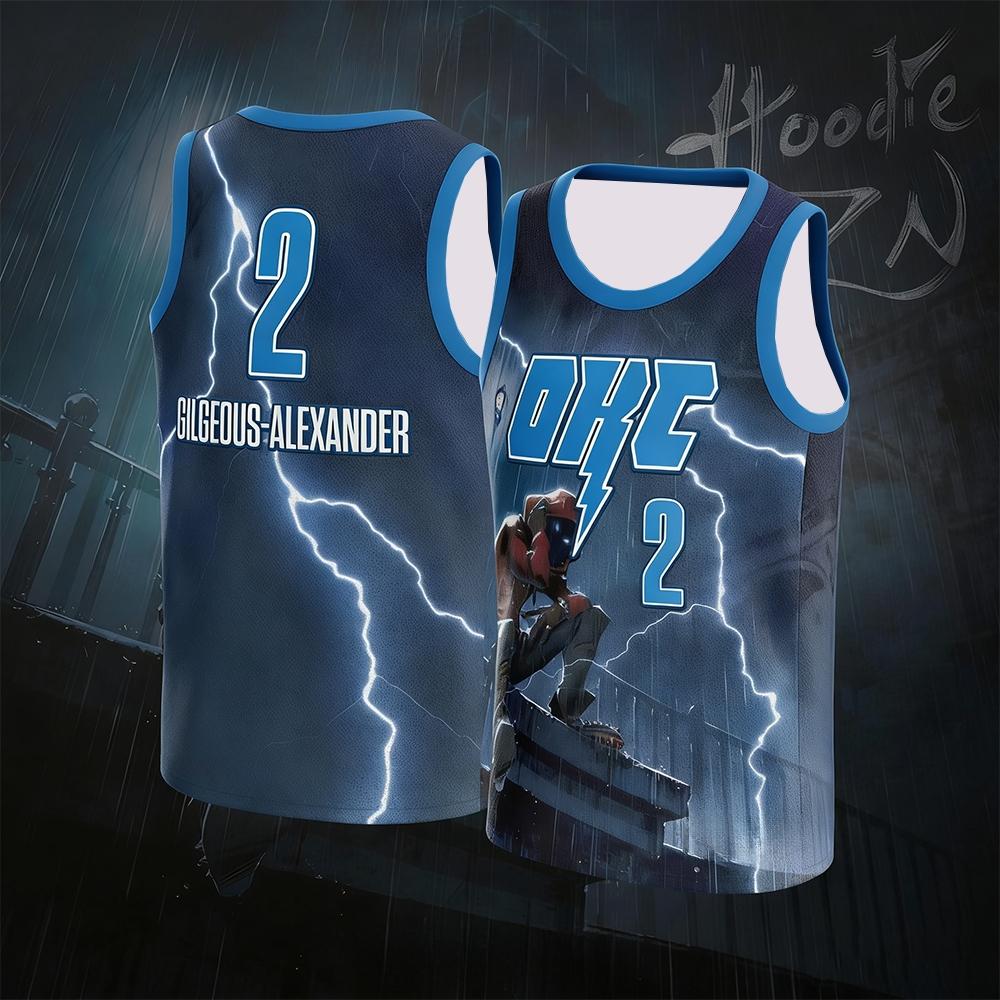 American Basketball Jersey Shai Gilgeous Alexander #2 Ice Blue Lightning Print Breathable Mesh Sleeveless Sports Top