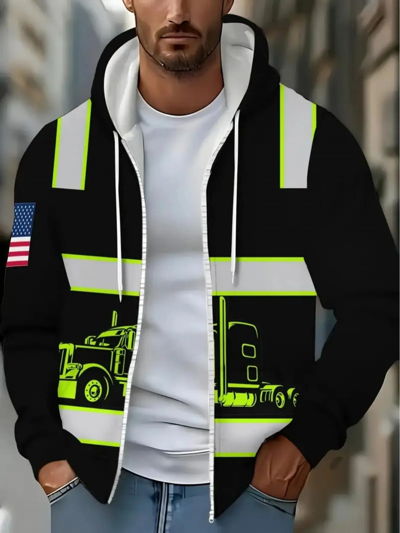 Fluorescent Reflective Work Jacket, Truck Pattern, Night Driving Safety Top, Asymmetrical Design, Long Sleeve, Slim-Fit, Casual Style