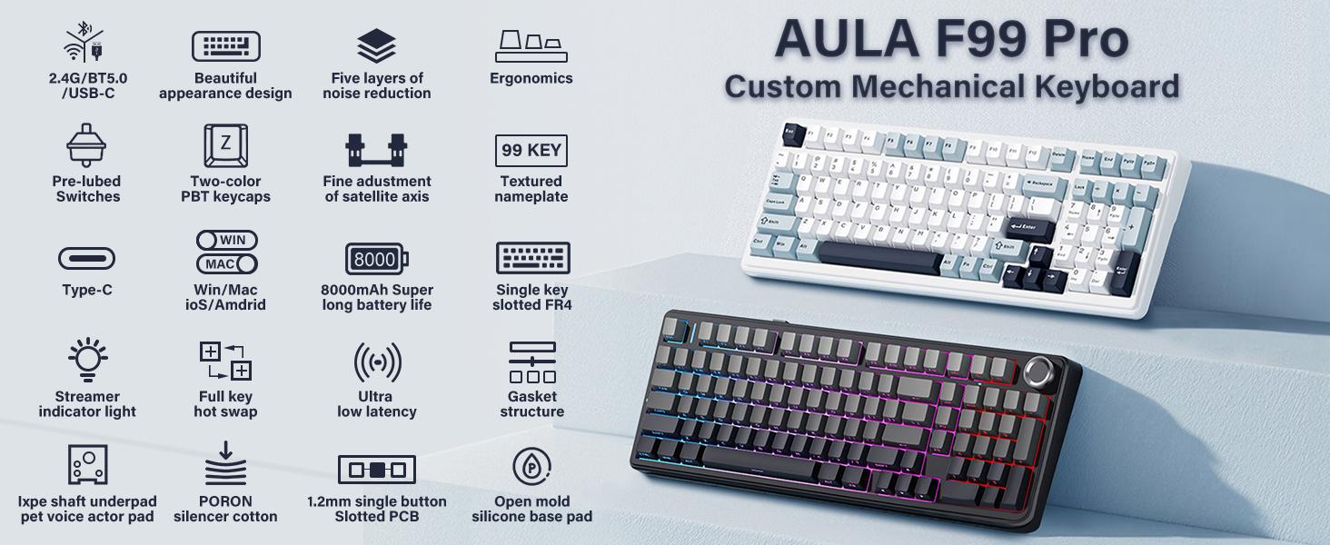 Aula F99 Pro Wireless Mechanical Gaming Keyboard with Knob Tri-Mode BT5.0 USB-C 2.4GHz Hot Swappable Pre-Lubed Switches Gasket Structure RGB Backlitwith Numpad PBT Keycaps Multifunction Knob for MAC PC Gamer