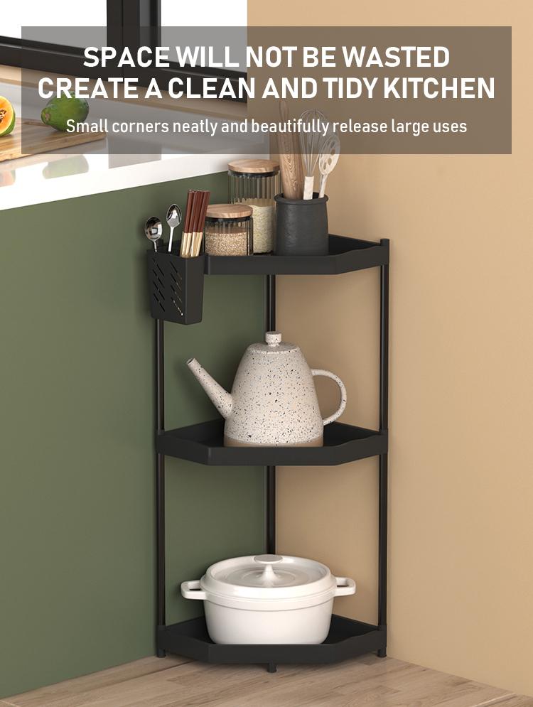 Kitchen Storage Rack, Space-Saving Corner Shelf, 2/3 Layer Standing Organizer, Ideal for Kitchen Utensils & Spices, Durable Design, Home Organizer Hook