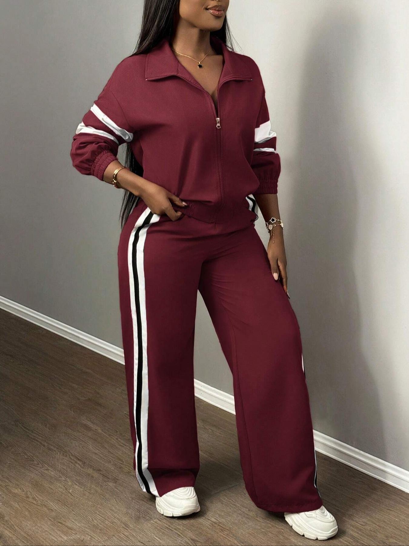 Women's Zipper Jacket & Striped Wide-Leg Pants Set, Fitted Streetwear & Casual, Two-Piece Suit for Daily Wear, Airport Outfit