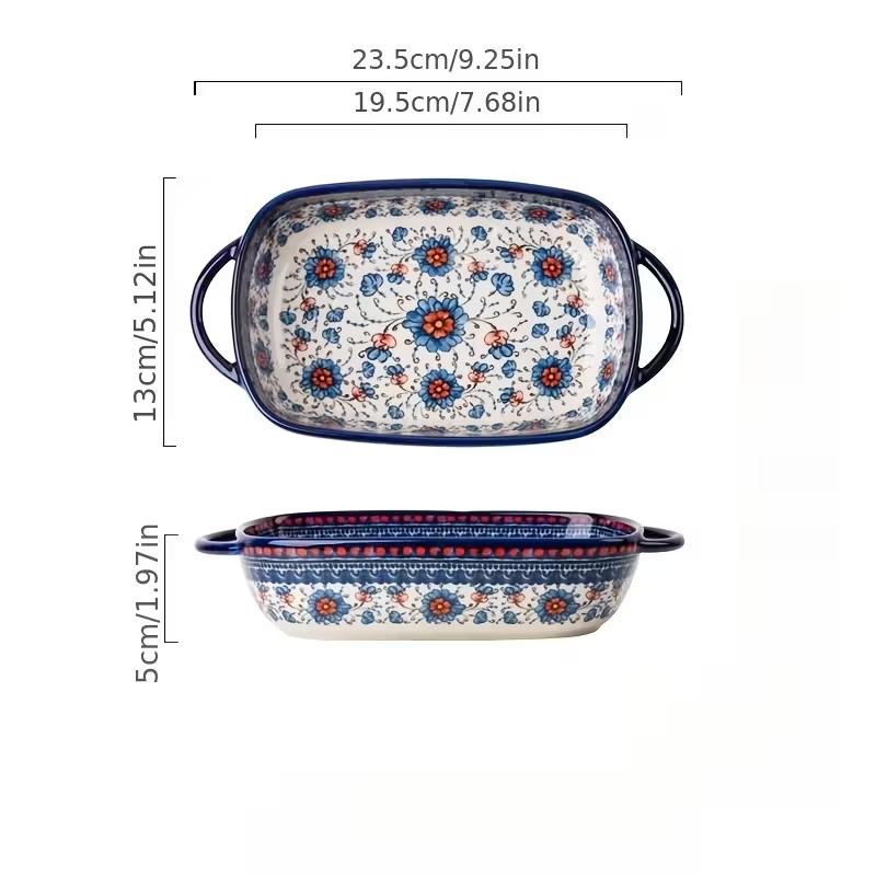 730ML Floral Ceramic Baking Dish, Rectangular Serving Dish with Handles, Ideal for Rice, Salad & Cheese, Elegant Kitchen Essential