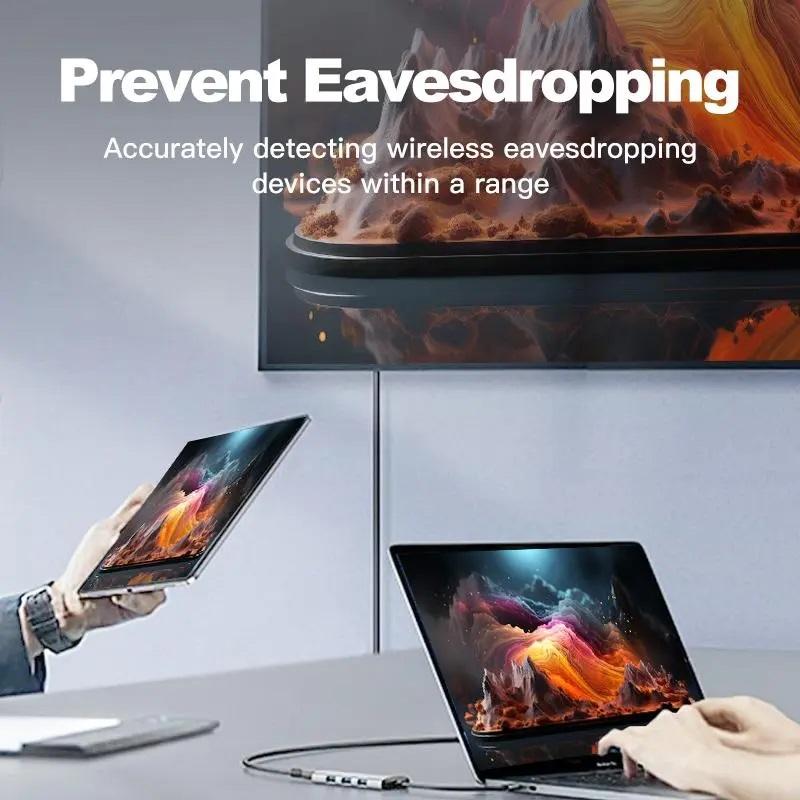 Hidden camera detector, spy camera detector, car GPS tracker detector, bug detector, RF signal detector, eavesdropping detector, 6 levels of sensitivity, 4 detection modes, 30 hours working time, suitable for travel, car, bathroom, office, hotel.