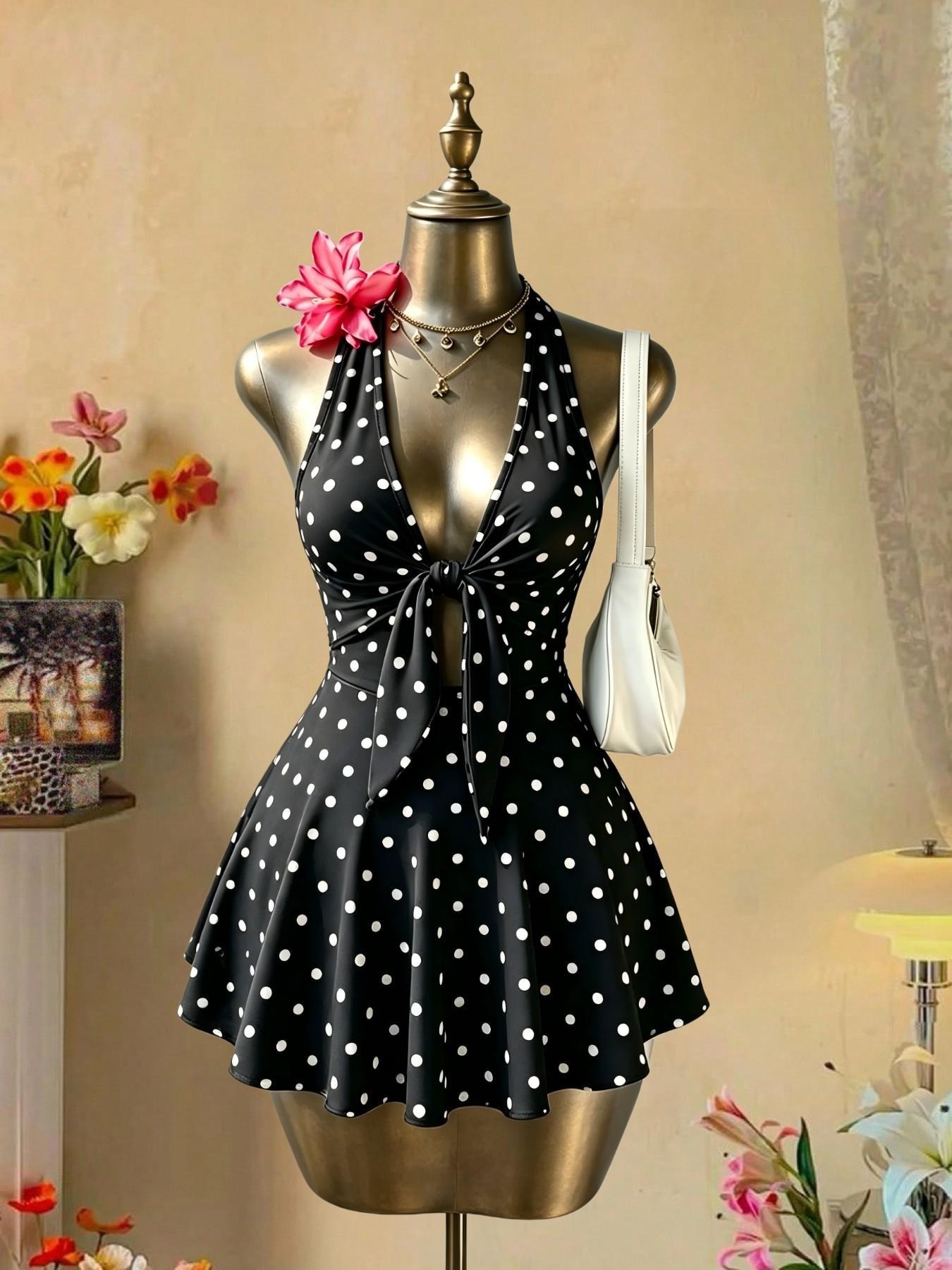 Sexy Halter Deep V Neck Hollow Out A-Line Dress, Summer Streetwear Short Dress, Trendy Single Piece, Graphic, Perfect for Casual, Chic Casual Outfits