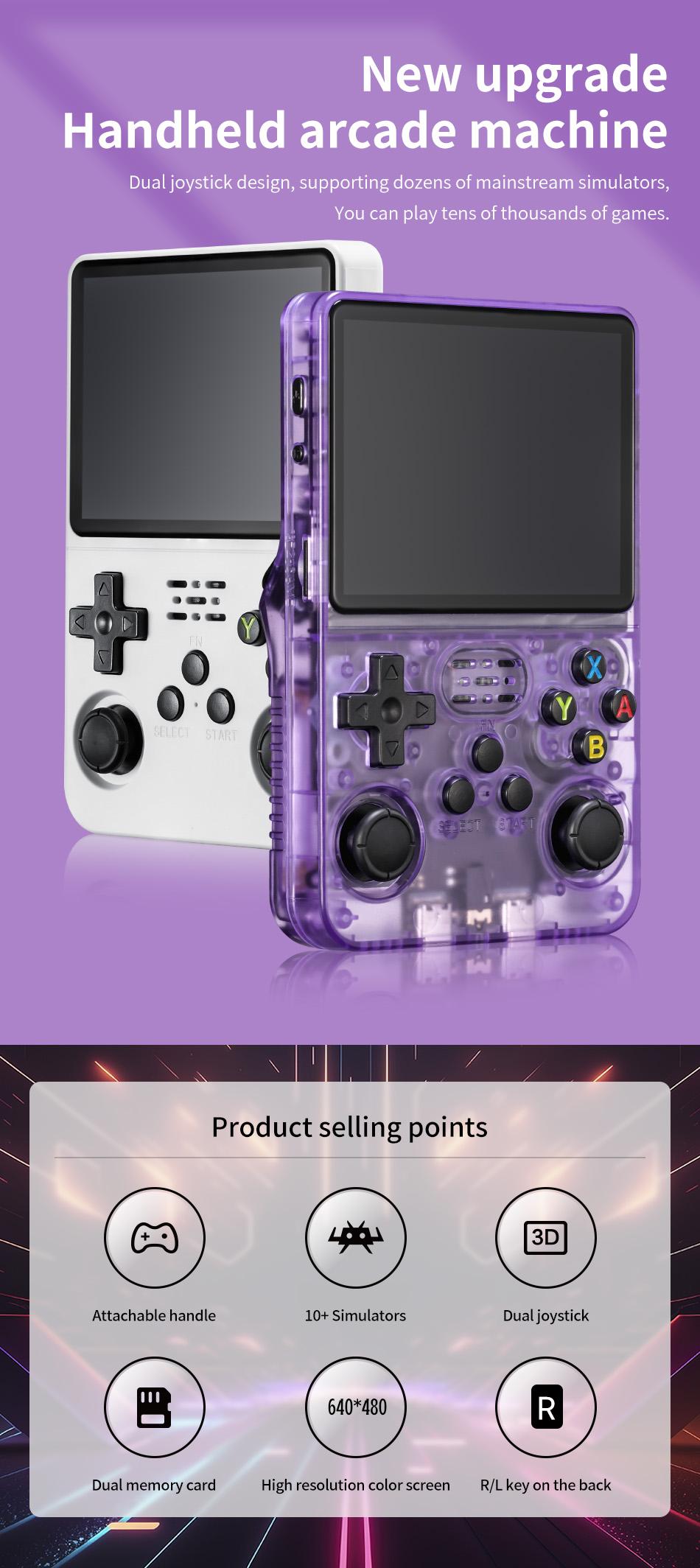 Retro Purple R36S Handheld Game Console - 3.5 in HD Screen, 64G Memory, Rechargeable Compact Portable Linux System, Type-C Port, 10 Emulator Video Games, Media Control, Anime Theme On-the-Go Gaming Gift