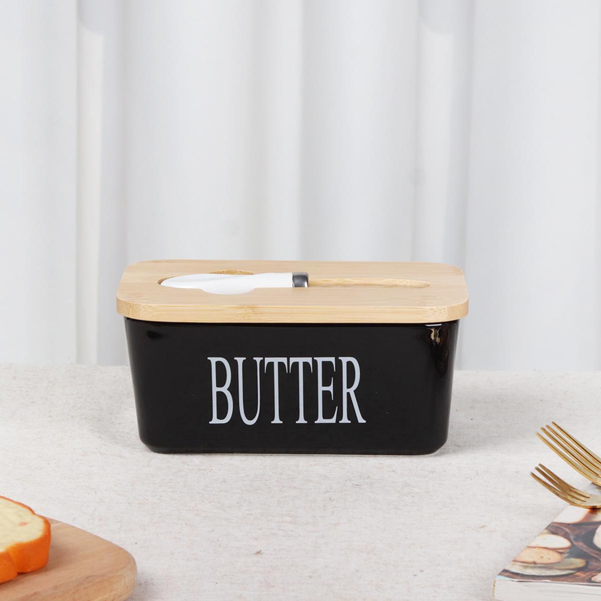 Ceramic Butter Dish with Knife, Rectangular Cheese Container with Wooden Lid, Ceramic Butter Box for Kitchen Use