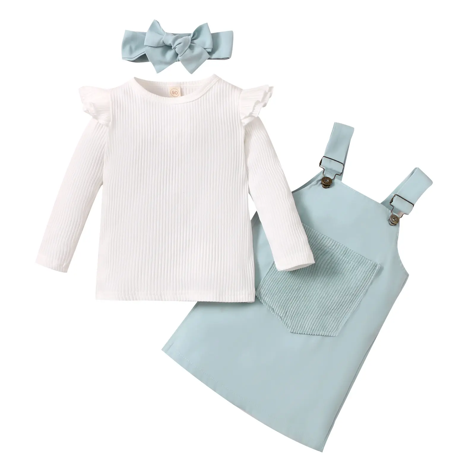 Kids Autumn 3Pcs Tracksuit Girls Solid Ribbed Long Sleeve T Shirt with Overalls Dress Hairband 1-5 Years Cute Set