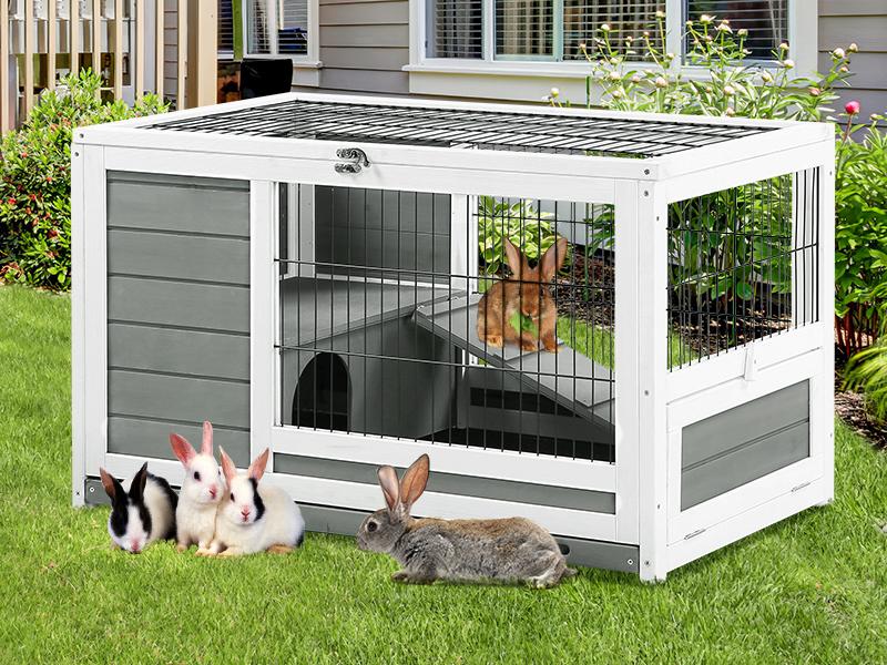 Rabbit Hutch with Deeper No Leak Tray & Run, 35.4’’ Pet House for Small Animals Rabbit Cage Guinea Pig House Bunny Hutch Indoor & Outdoor