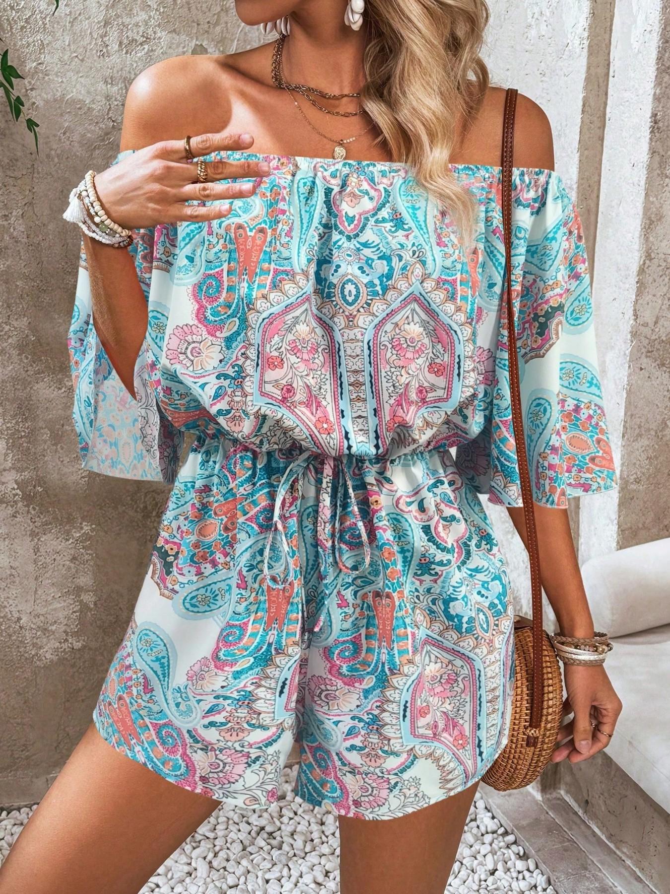 Women's Leaf Print Off Shoulder Tie Front Adjustable Lightweight Feminine Bohemian Romper. Casual Short Flounce Sleeve Romper for Summer. Fashion Women's Clothing Womenswear for Beach Holiday Vacation