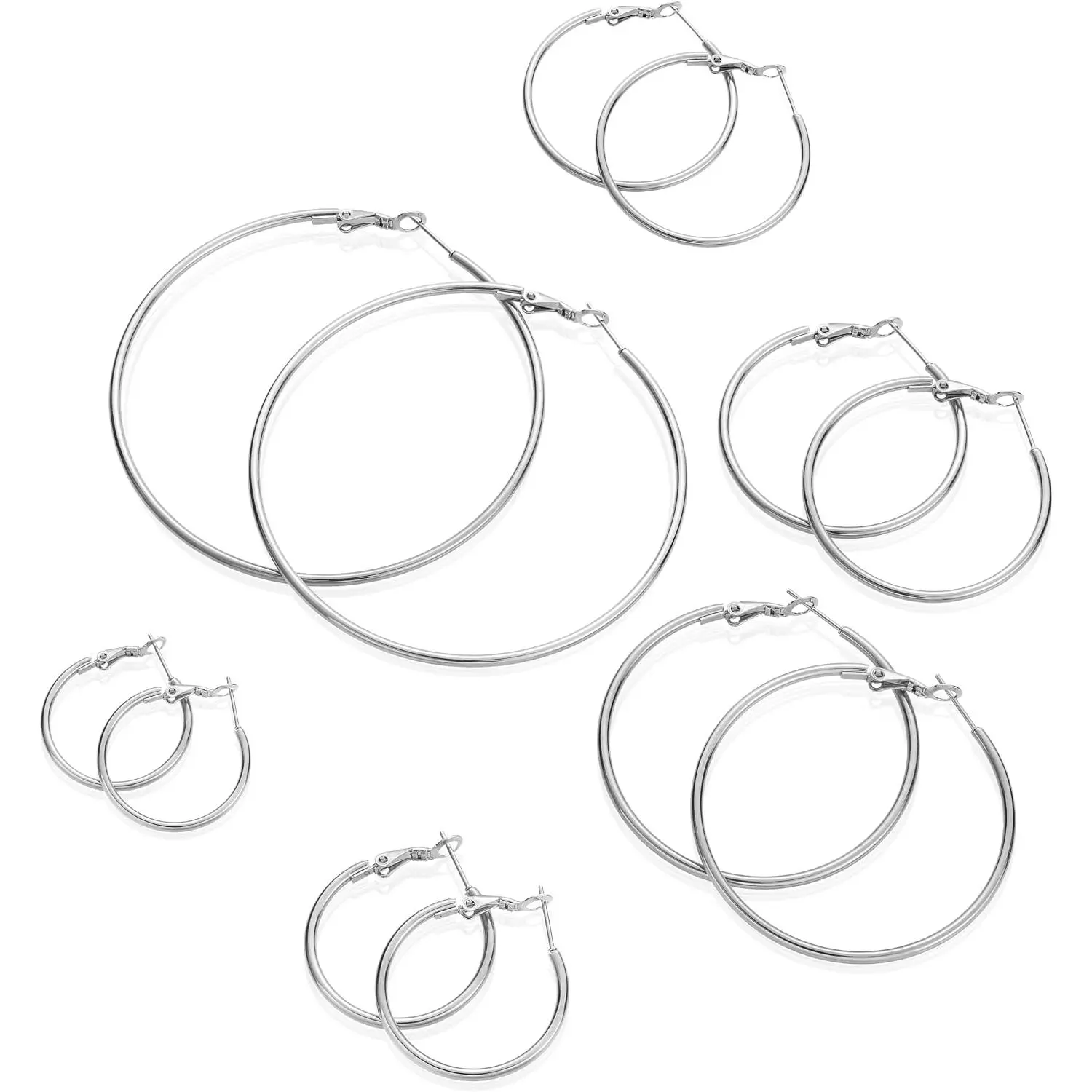 6 Pairs  Hoop Earrings for Women |  Stainless Steel Lightweight Small Medium Large Hoops Set, 20-70mm Clip  Sterling