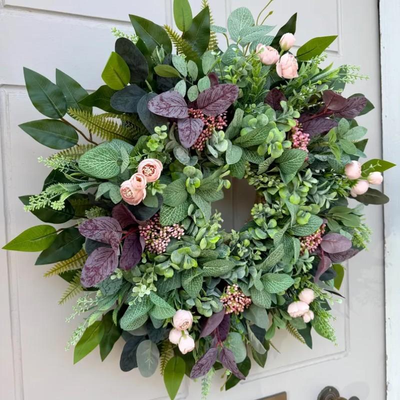 Summer Greenery Wreath with Berries and Fern Leaves, Handmade Farmhouse Door Wreath, Indoor Outdoor Wall Window Decor, All-Season Hanging Decoration