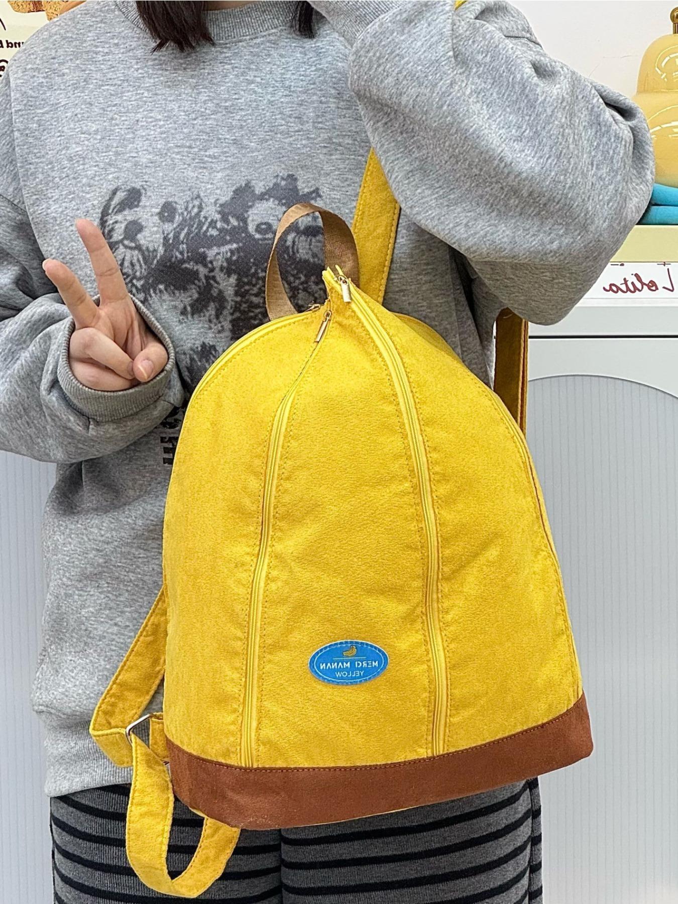Trendy Mustard Corduroy Shell Backpack for School Unique Drawstring Bucket Bag for Students Commute Casual Outfit Lightweight Casual Daypack Backpack Bags