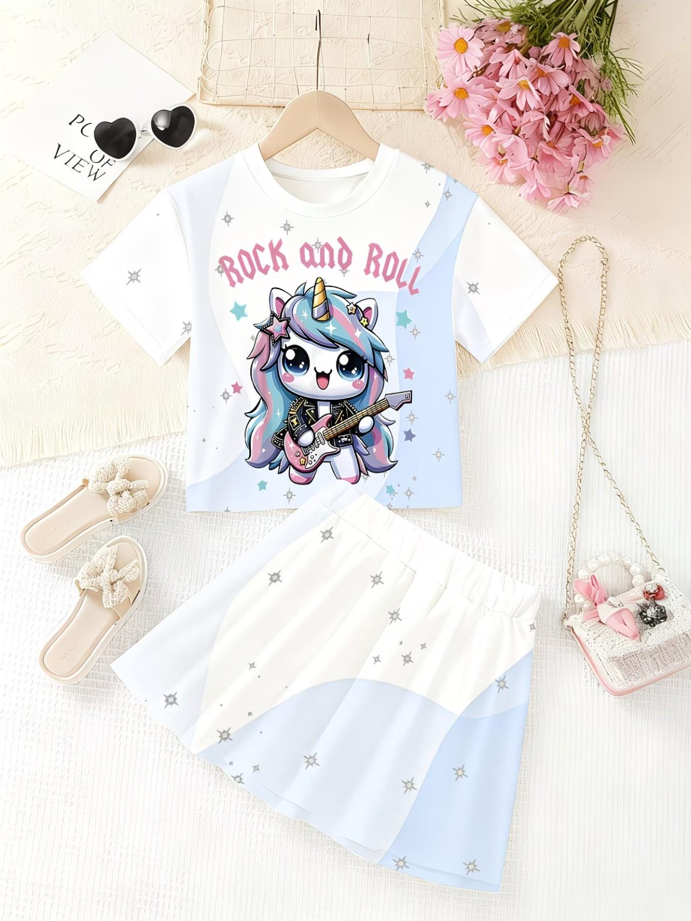 Girls' 3D Printed Top and Skirt Set, Casual Slim-Fitting Summer, Round Neck Short Sleeve, Daily Wear, Two-Piece Ensemble