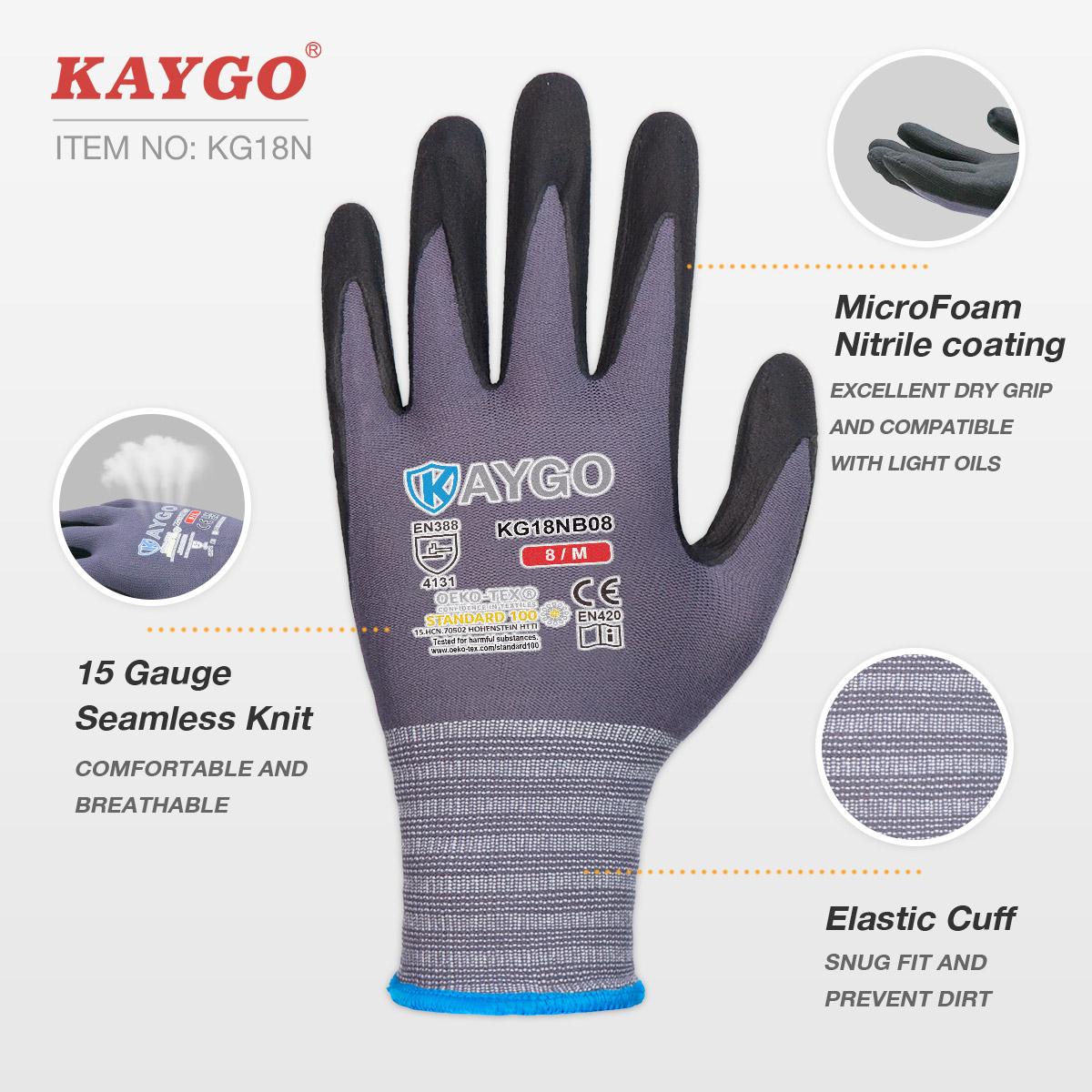 KAYGO Safety Work Gloves MicroFoam Nitrile Coated, KG18NB,Seamless Knit Nylon Glove with Black Micro-Foam Nitrile Grip, Ideal for General Purpose, Automotive, Home Improvement